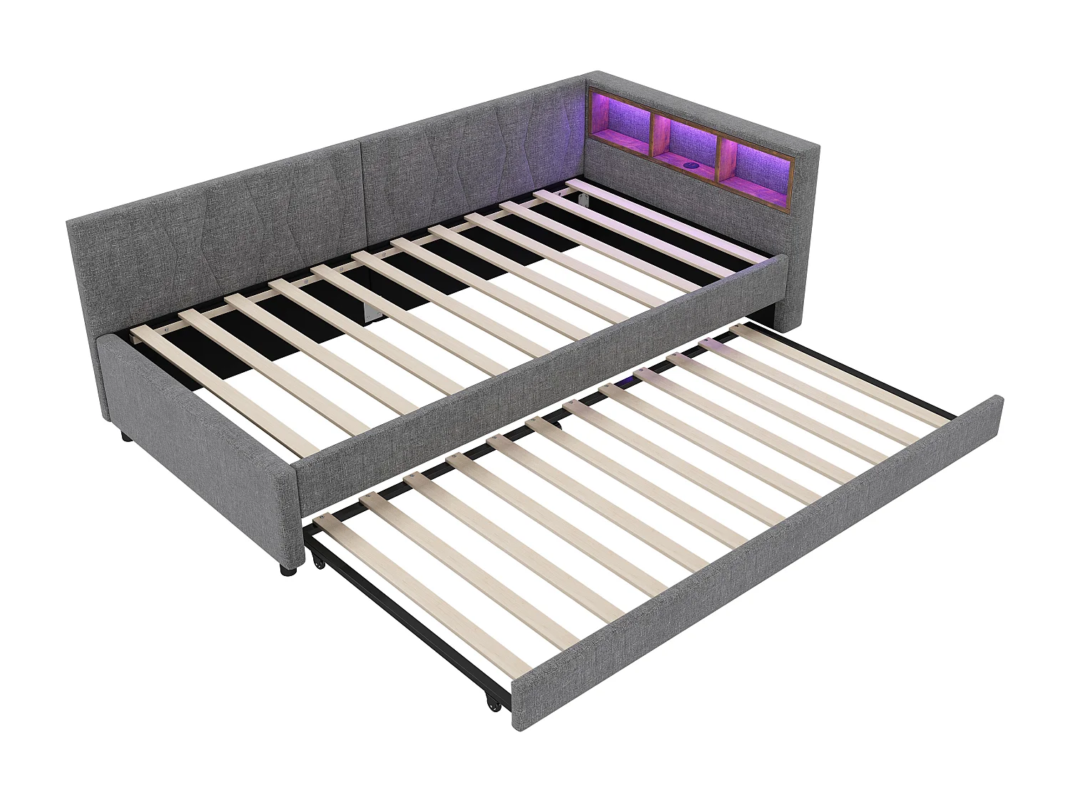 Divano letto per bambini 90x200cm grigio lino con letto estraibile 90x190cm, LED e USB, rete a doghe, senza materasso