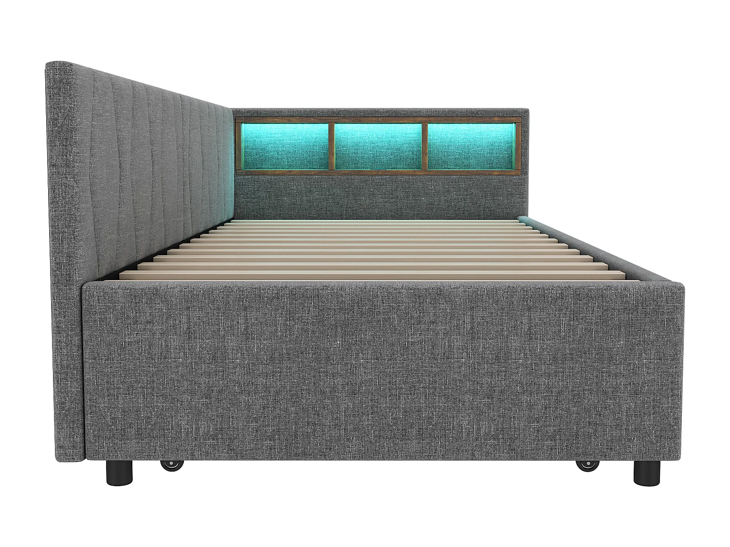Divano letto per bambini 90x200cm grigio lino con letto estraibile 90x190cm, LED e USB, rete a doghe, senza materasso