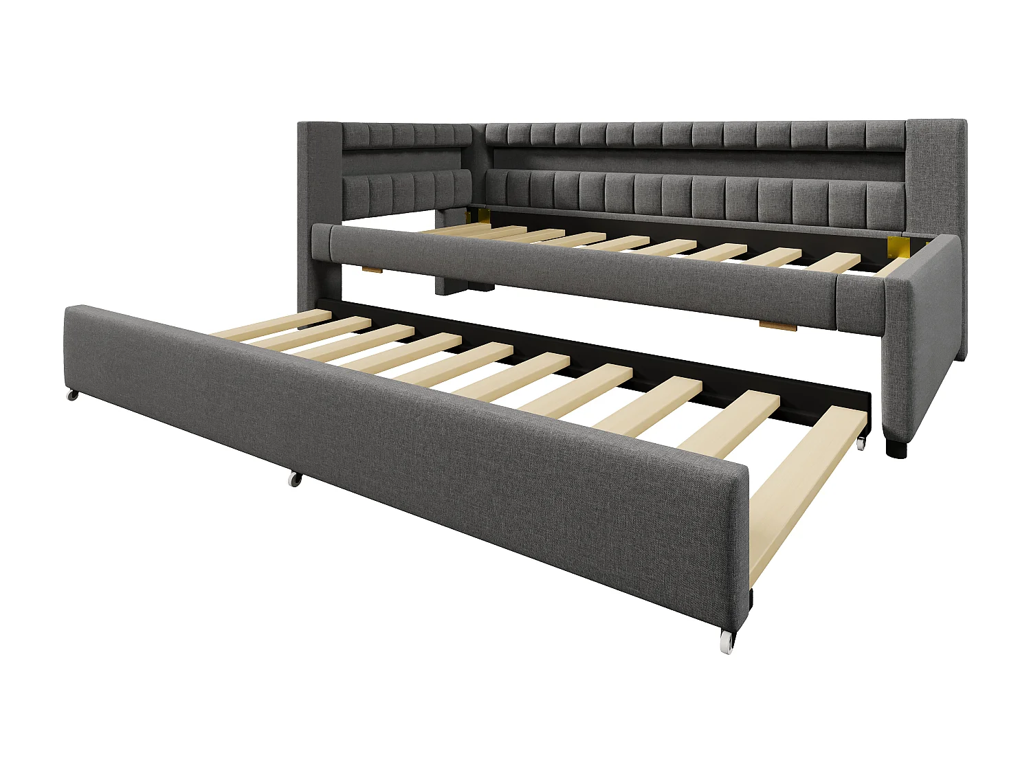 Lit banquette enfant 90x200cm avec lit gigogne 90x190cm, LED et USB, sommier à lattes, en lin gris, sans matelas