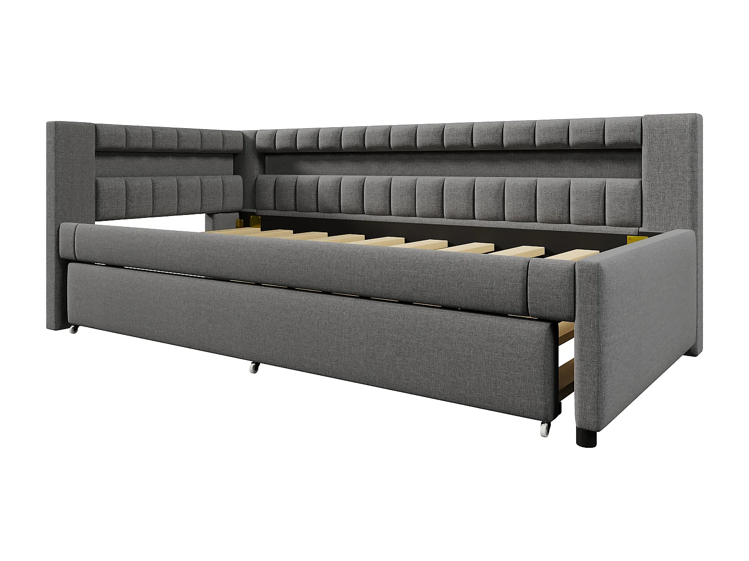 Lit banquette enfant 90x200cm avec lit gigogne 90x190cm, LED et USB, sommier à lattes, en lin gris, sans matelas
