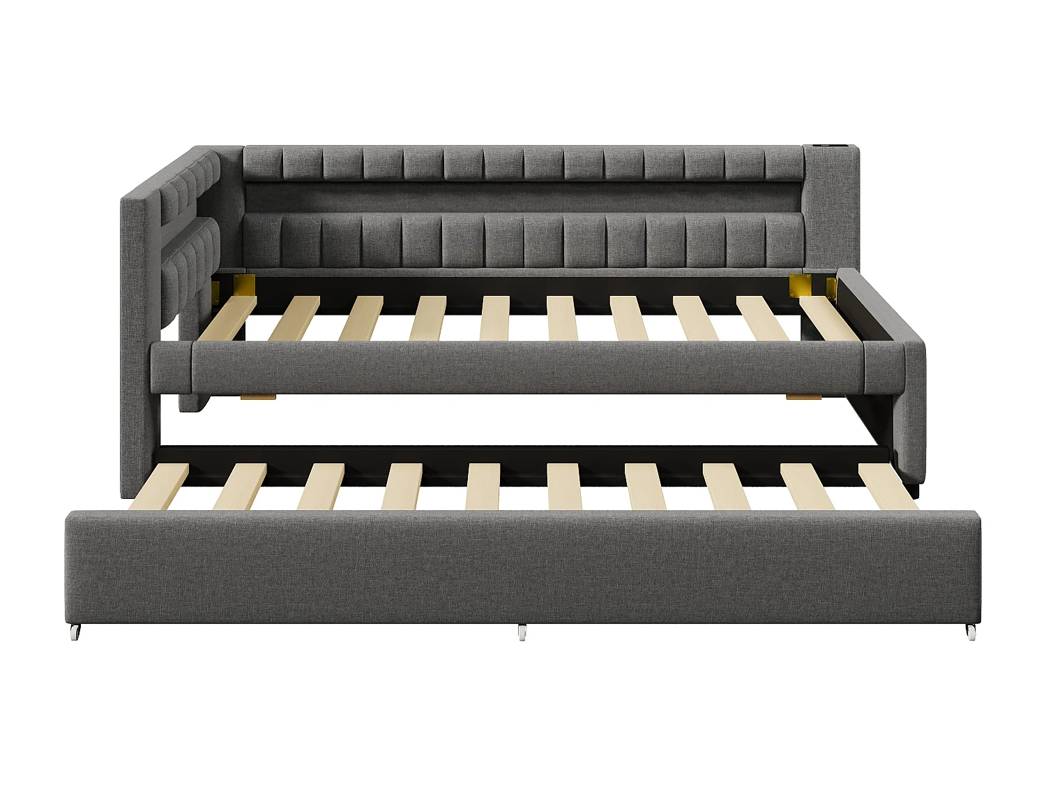 Lit banquette enfant 90x200cm avec lit gigogne 90x190cm, LED et USB, sommier à lattes, en lin gris, sans matelas