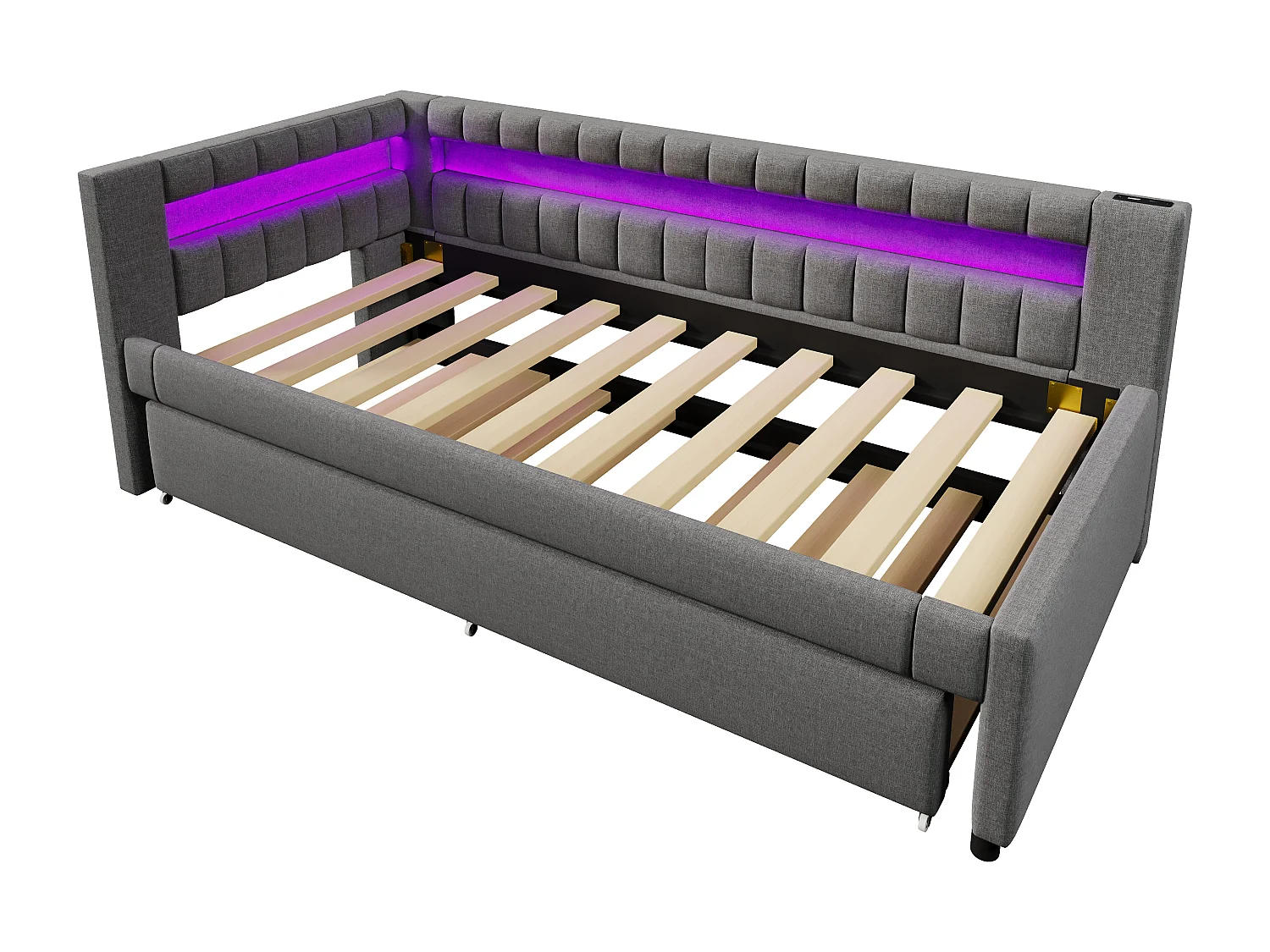 Lit banquette enfant 90x200cm avec lit gigogne 90x190cm, LED et USB, sommier à lattes, en lin gris, sans matelas