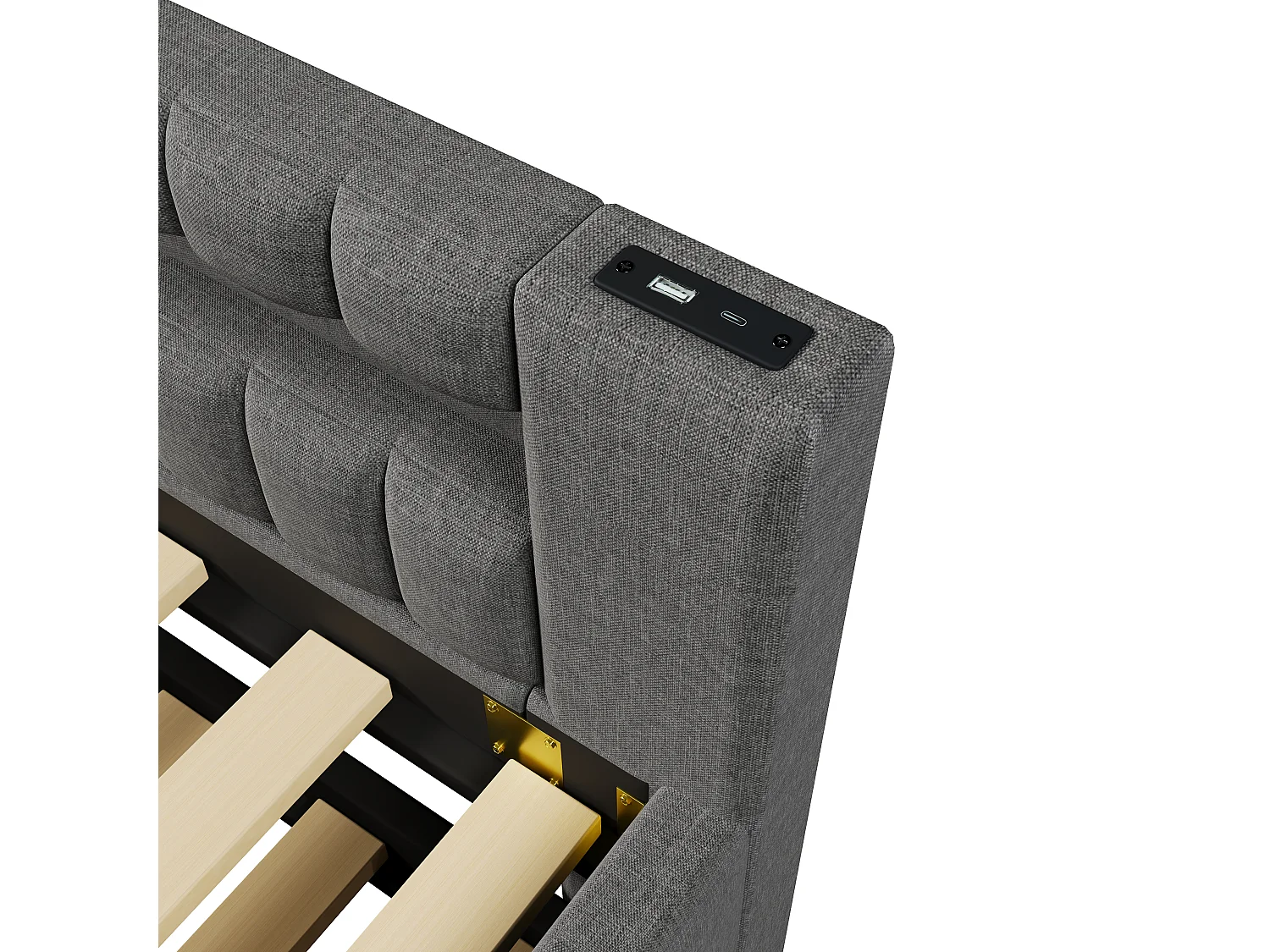 Lit banquette enfant 90x200cm avec lit gigogne 90x190cm, LED et USB, sommier à lattes, en lin gris, sans matelas