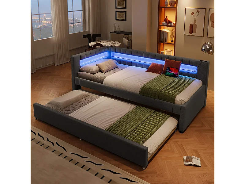 Lit banquette enfant 90x200cm avec lit gigogne 90x190cm, LED et USB, sommier à lattes, en lin gris, sans matelas