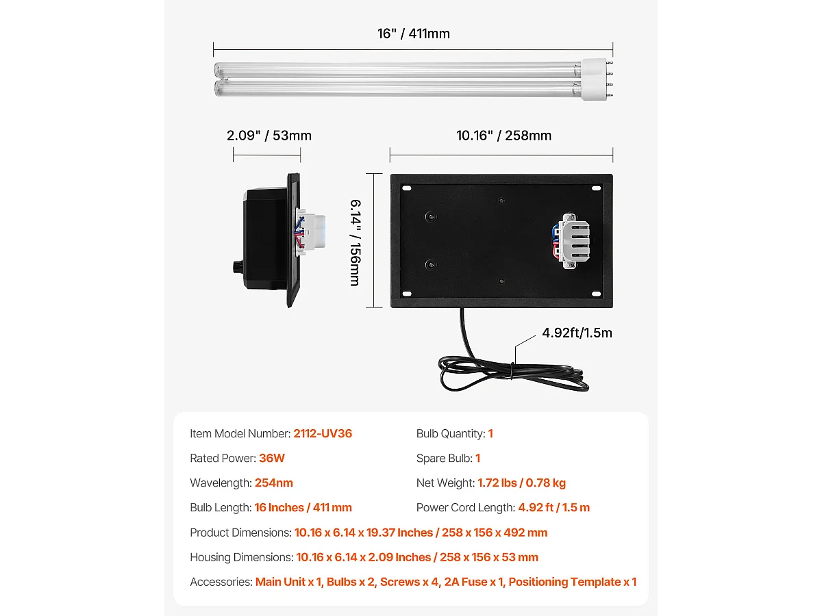 Purificateur d'Air SucceBuy HVAC 36 W 41cm Lumière UV pour Systèmes de Climatisation Toute la Maison, Parfait pour Améliorer la Qualité de l'Air Intérieur