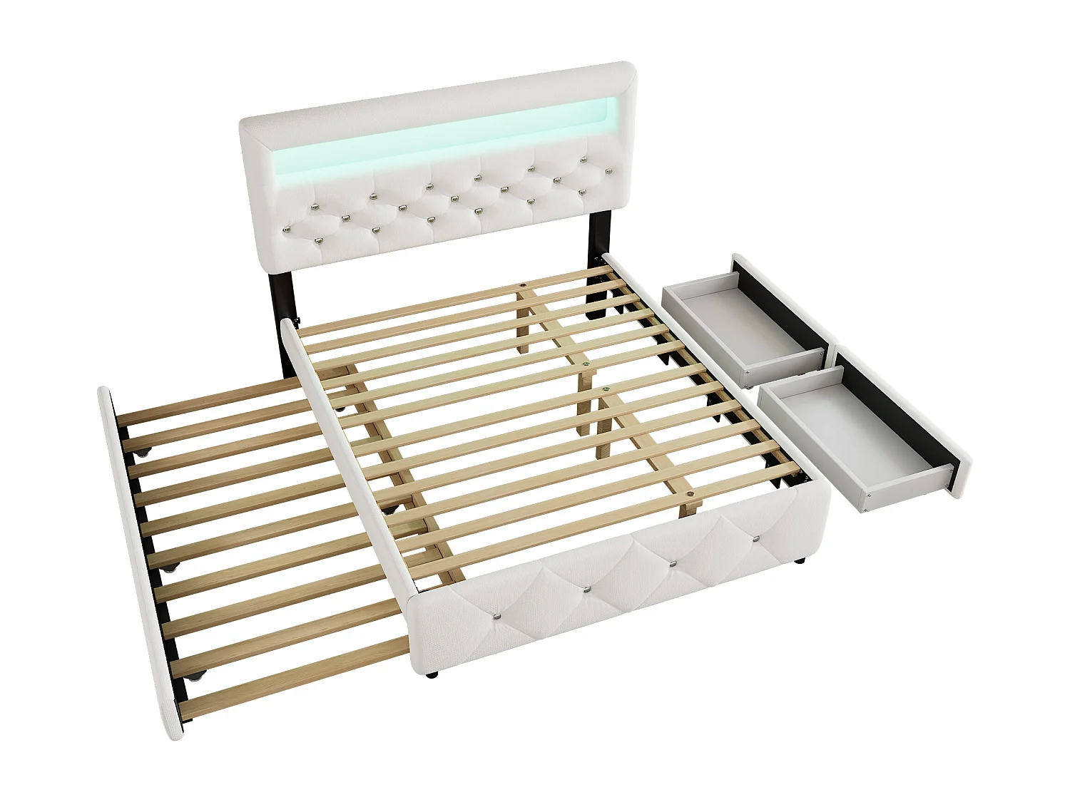 Lit adulte 140x200cm avec lit gigogne et 2 tiroirs, LED inclus, en lin blanc, tête de lit réglable en hauteur, sans matelas