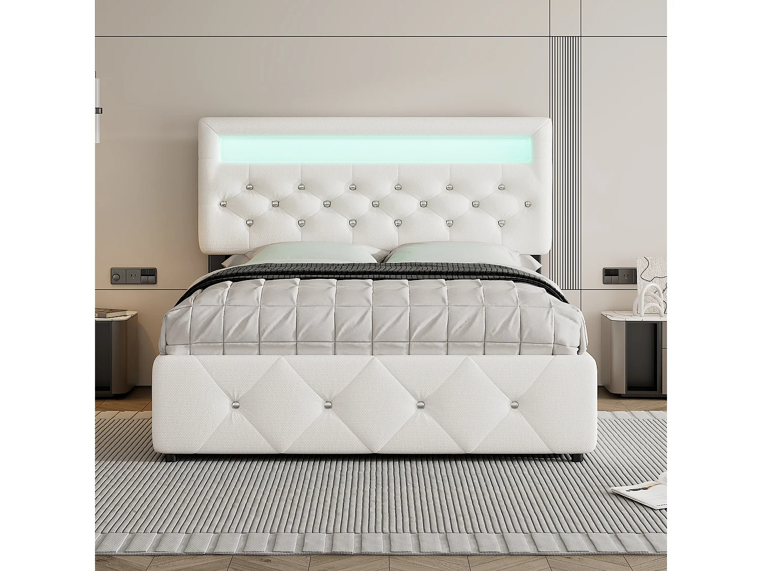 Lit adulte 140x200cm avec lit gigogne et 2 tiroirs, LED inclus, en lin blanc, tête de lit réglable en hauteur, sans matelas