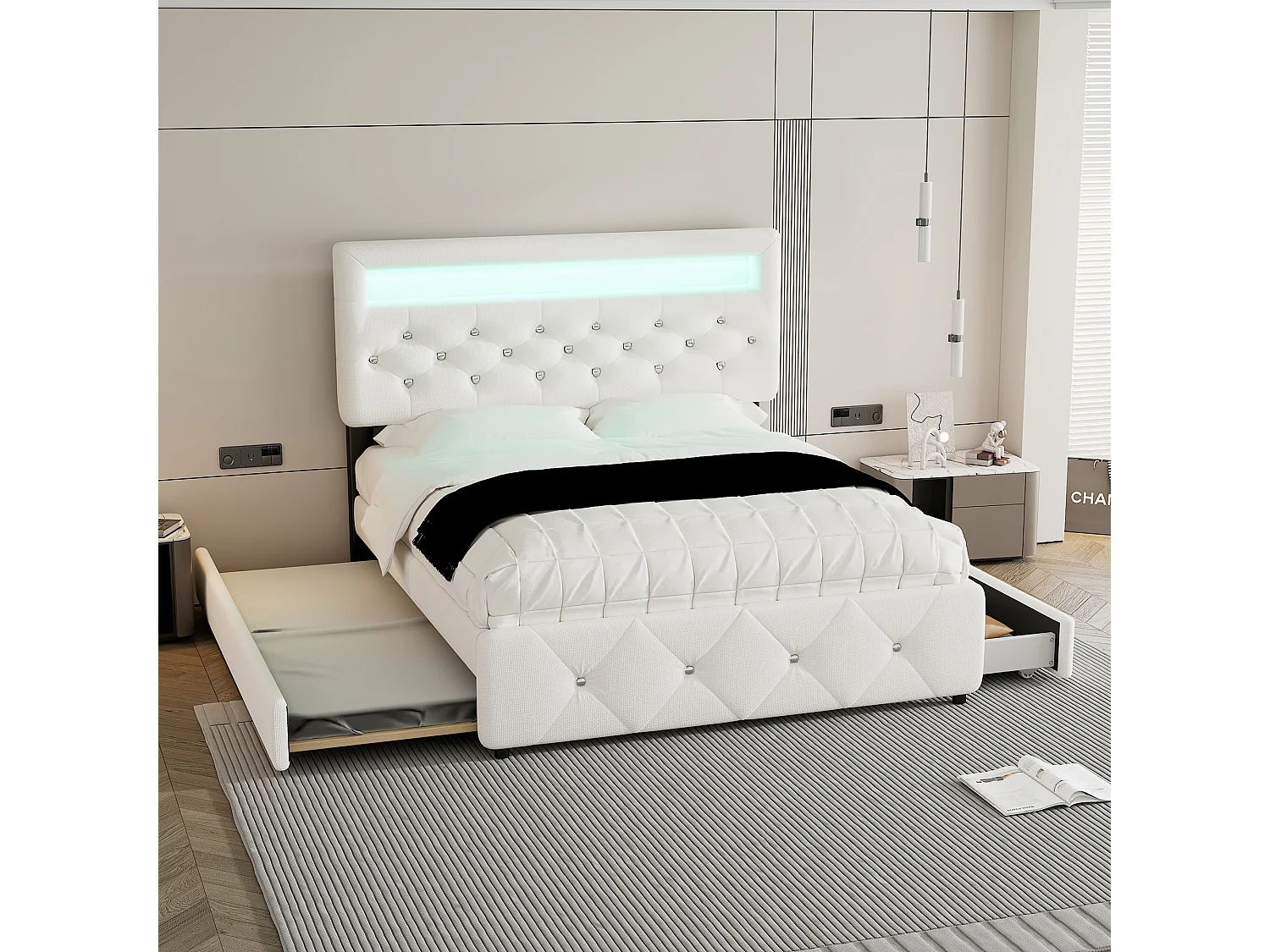 Lit adulte 140x200cm avec lit gigogne et 2 tiroirs, LED inclus, en lin blanc, tête de lit réglable en hauteur, sans matelas