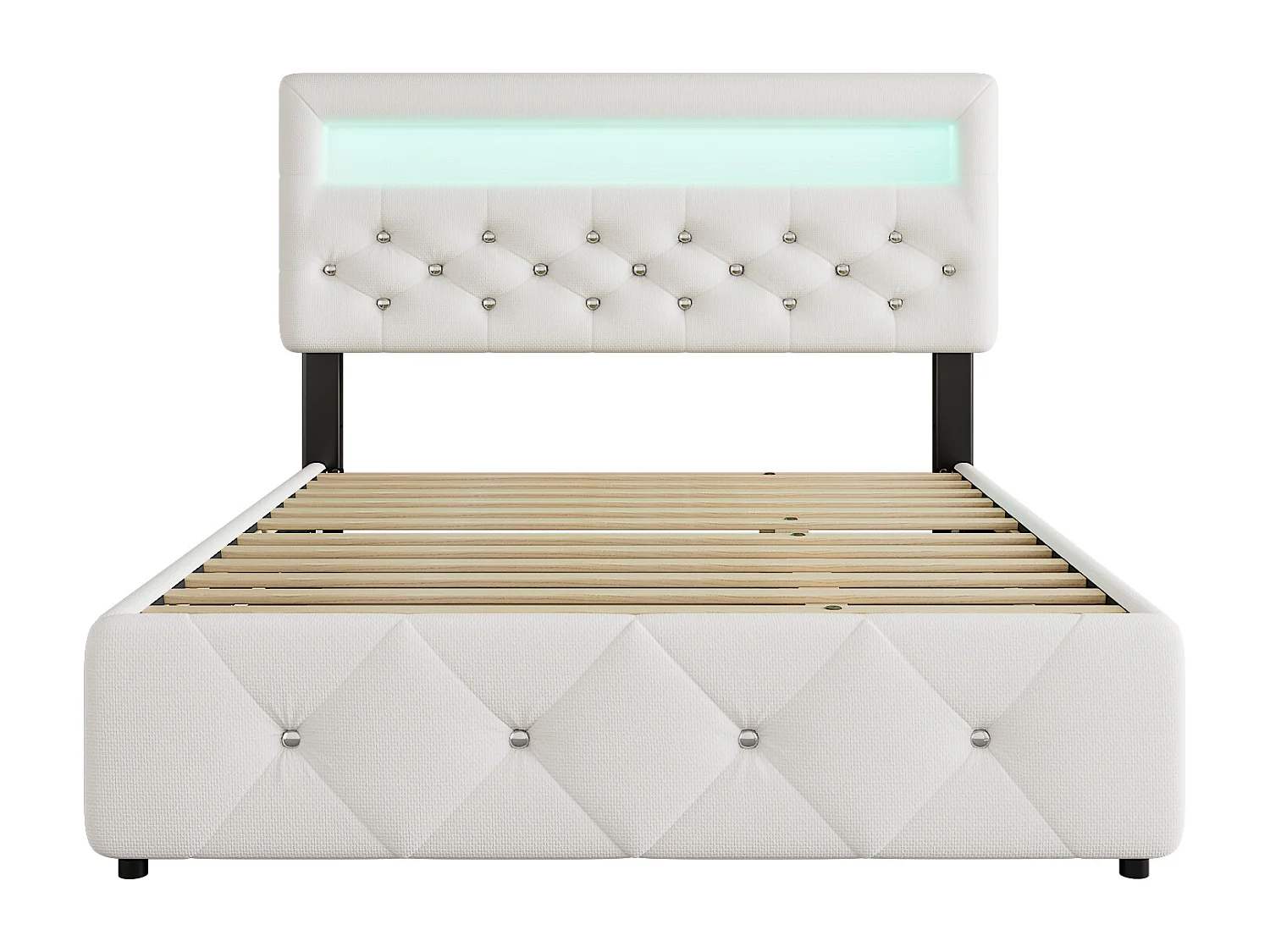 Lit adulte 140x200cm avec lit gigogne et 2 tiroirs, LED inclus, en lin blanc, tête de lit réglable en hauteur, sans matelas