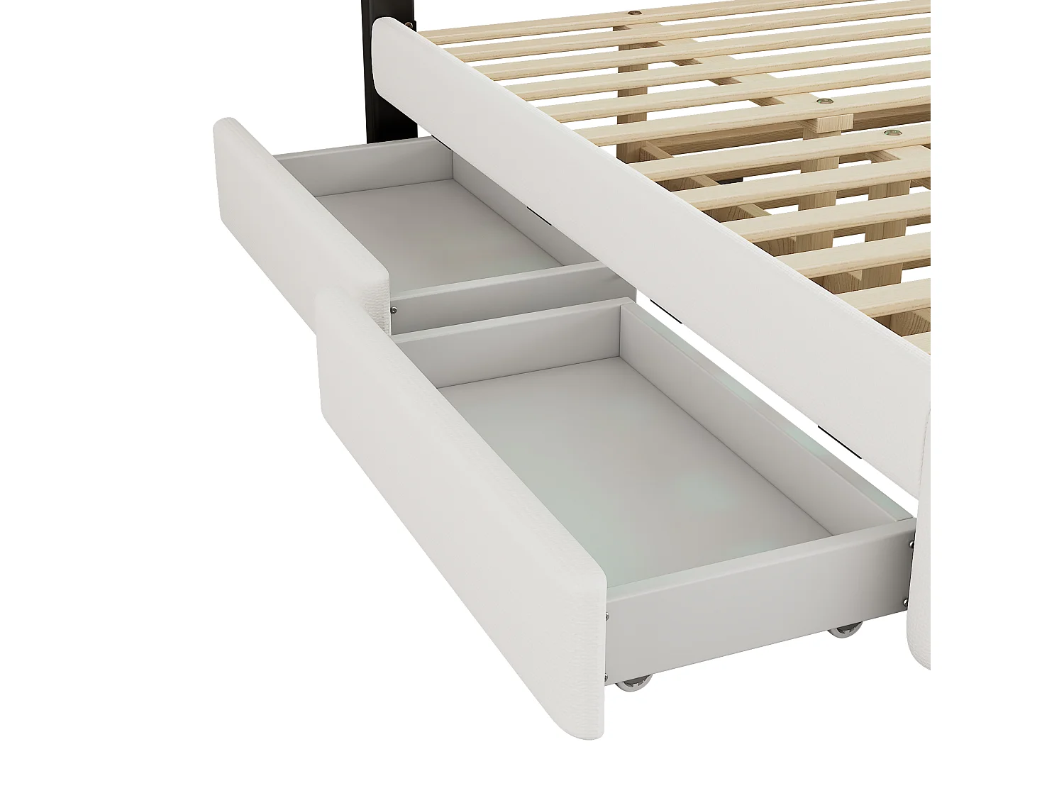 Lit adulte 140x200cm avec lit gigogne et 2 tiroirs, LED inclus, en lin blanc, tête de lit réglable en hauteur, sans matelas