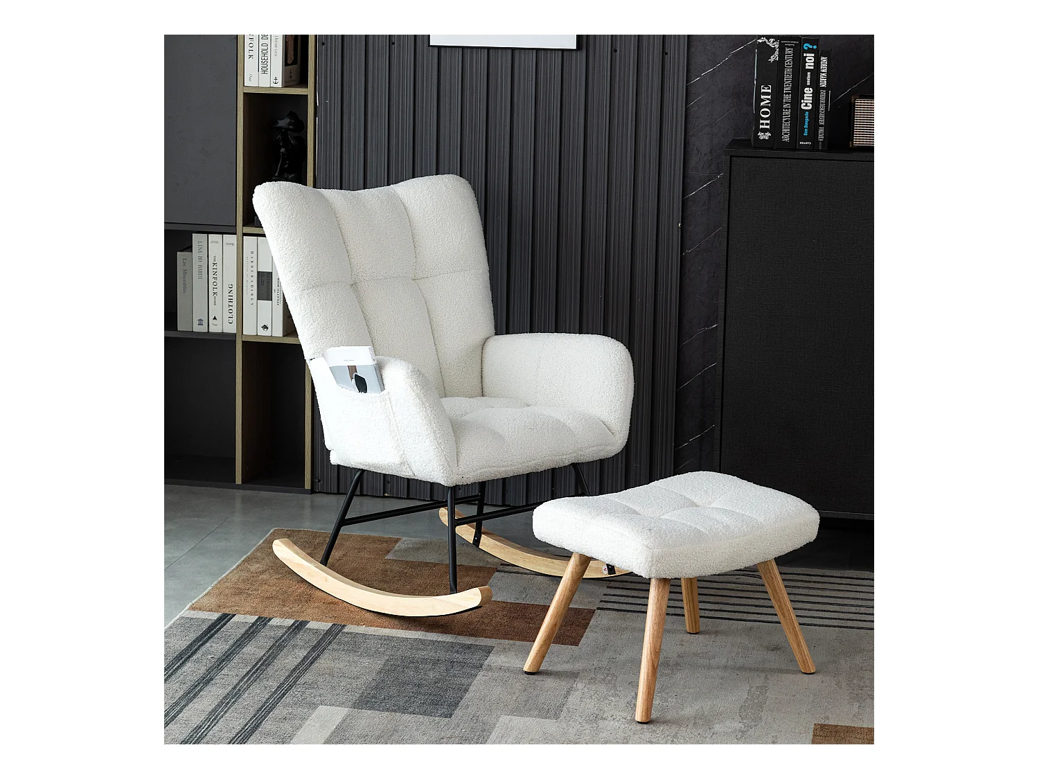 Fauteuil à bascule, rocking chair avec tabouret,  cadre en métal et pieds en bois, tissu en Teddy blanc