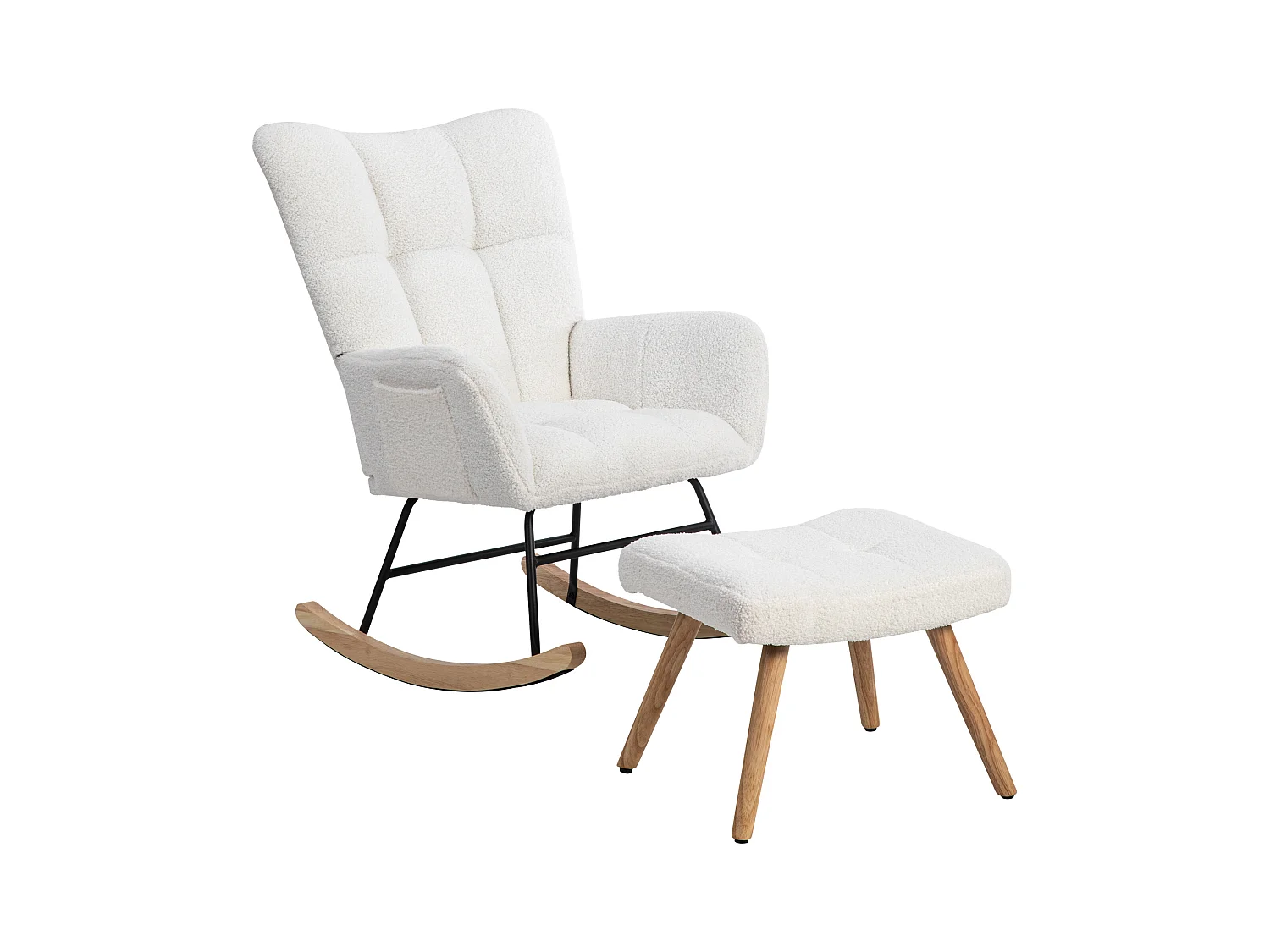 Fauteuil à bascule, rocking chair avec tabouret,  cadre en métal et pieds en bois, tissu en Teddy blanc