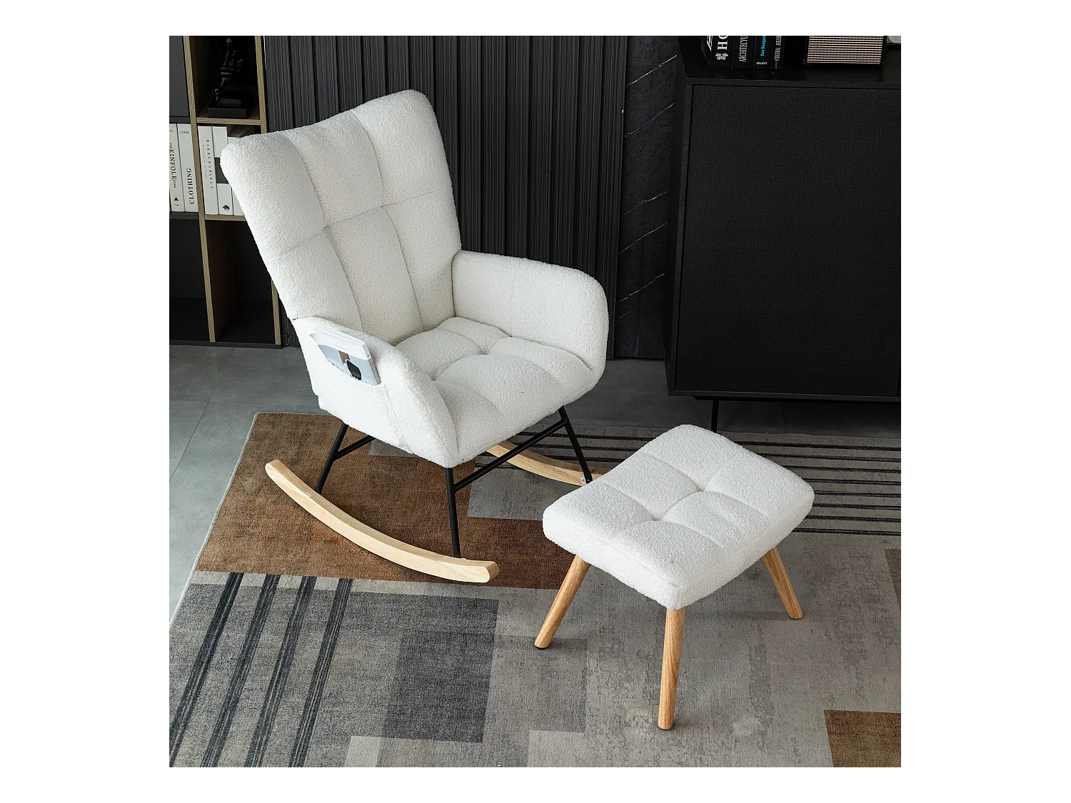 Fauteuil à bascule, rocking chair avec tabouret,  cadre en métal et pieds en bois, tissu en Teddy blanc