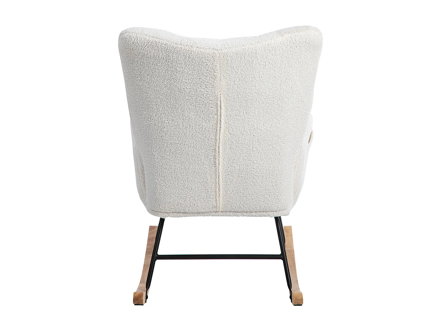 Cadeira de balanço com banco, estrutura de metal e pernas de madeira, tecido de pelúcia branco