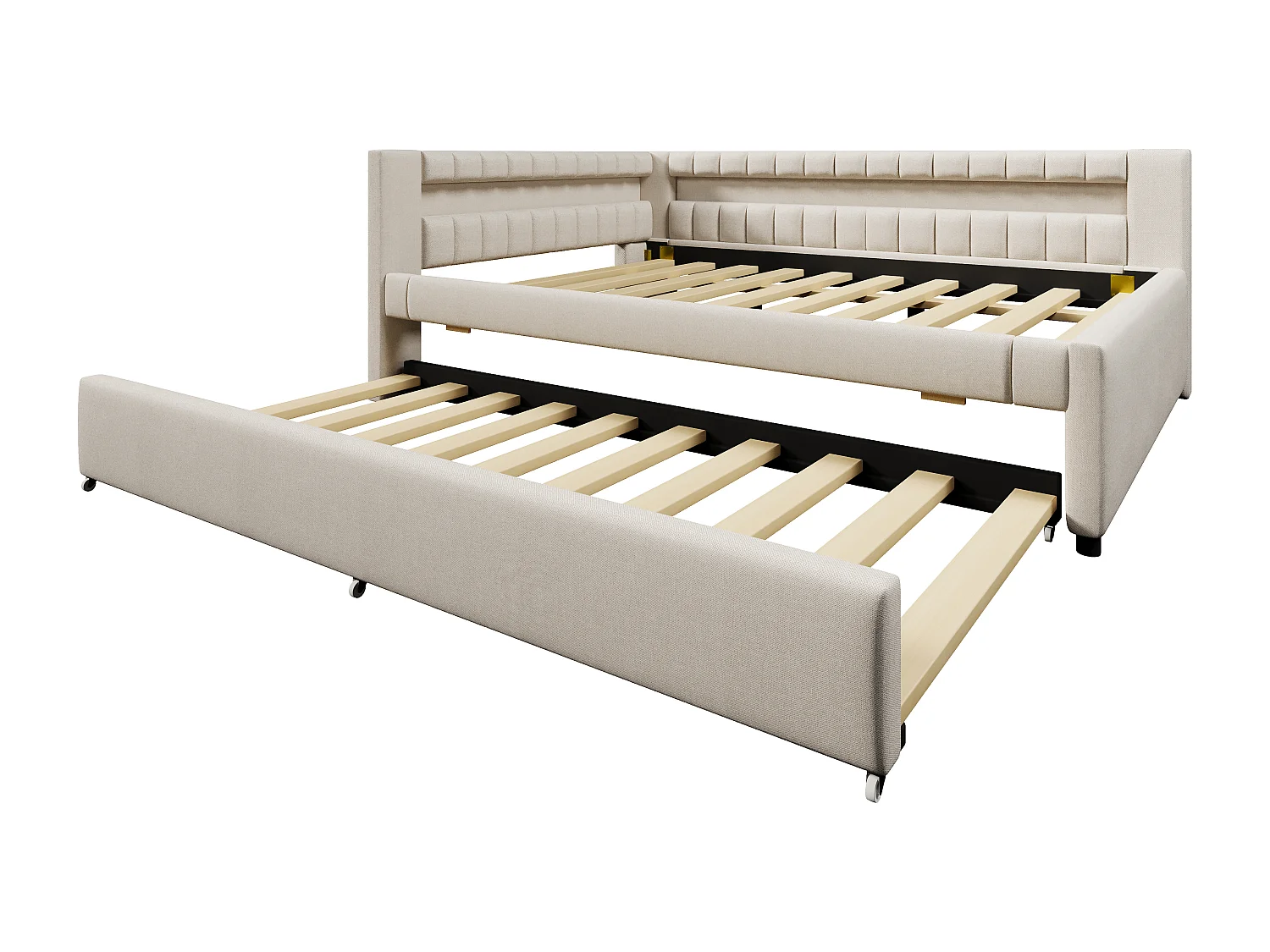 Kinderslaapbank 140x200cm met uitschuifbed 90x190cm, LED en USB, lattenbodem, in beige linnen, zonder matras