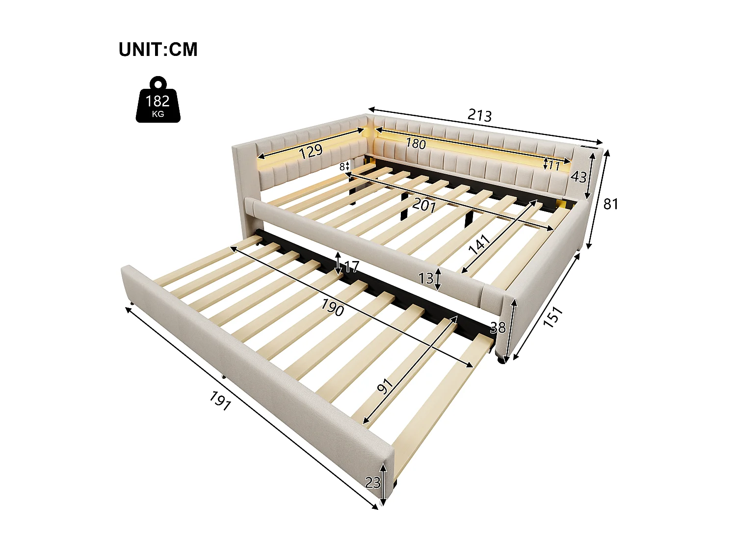Kinderslaapbank 140x200cm met uitschuifbed 90x190cm, LED en USB, lattenbodem, in beige linnen, zonder matras