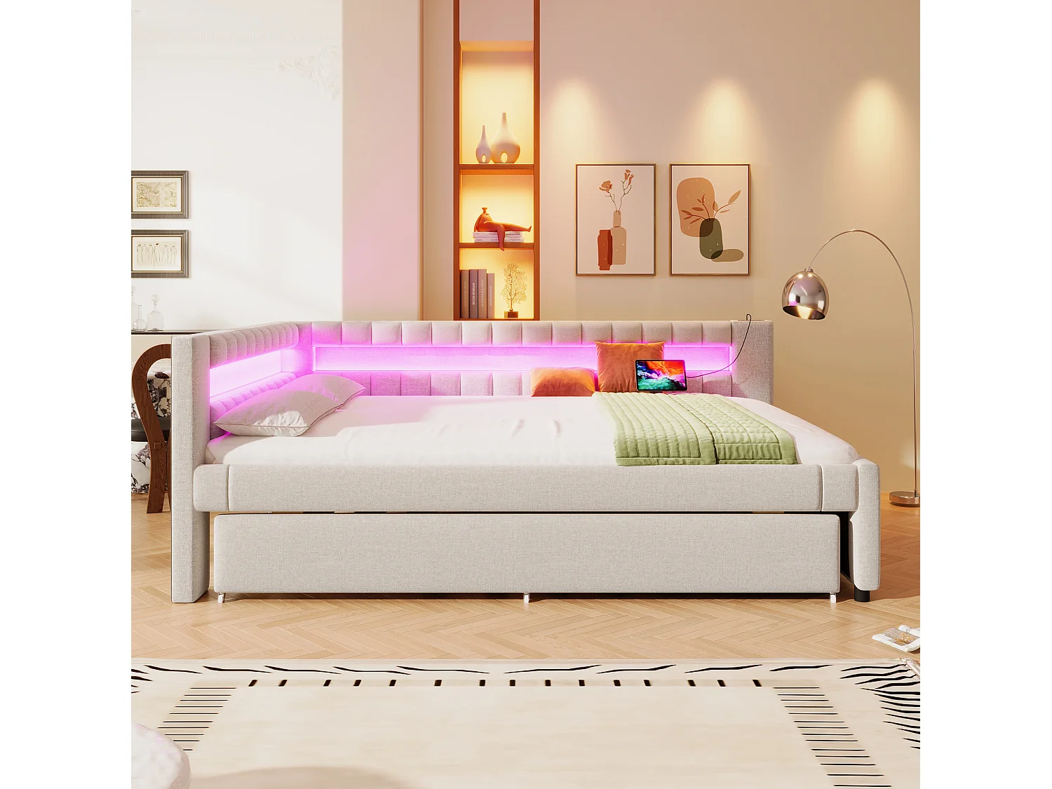 Kinderslaapbank 140x200cm met uitschuifbed 90x190cm, LED en USB, lattenbodem, in beige linnen, zonder matras