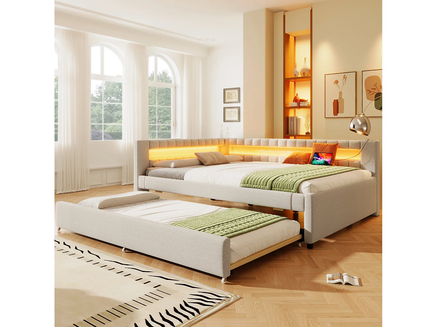 Kinderslaapbank 140x200cm met uitschuifbed 90x190cm, LED en USB, lattenbodem, in beige linnen, zonder matras