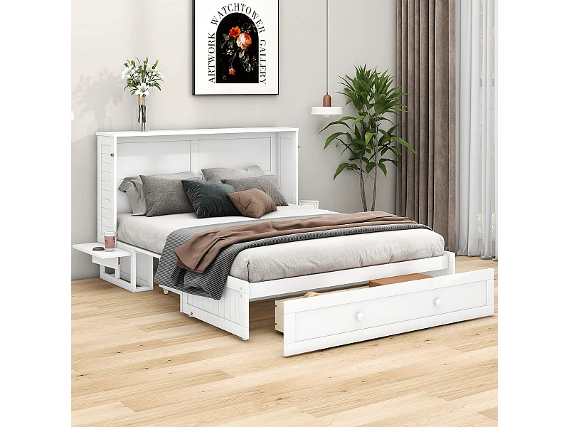 Lit adulte 140x200cm transformable en armoir, avec tiroir et étagères de rangement, cadre en pin, sans matelas, blanc