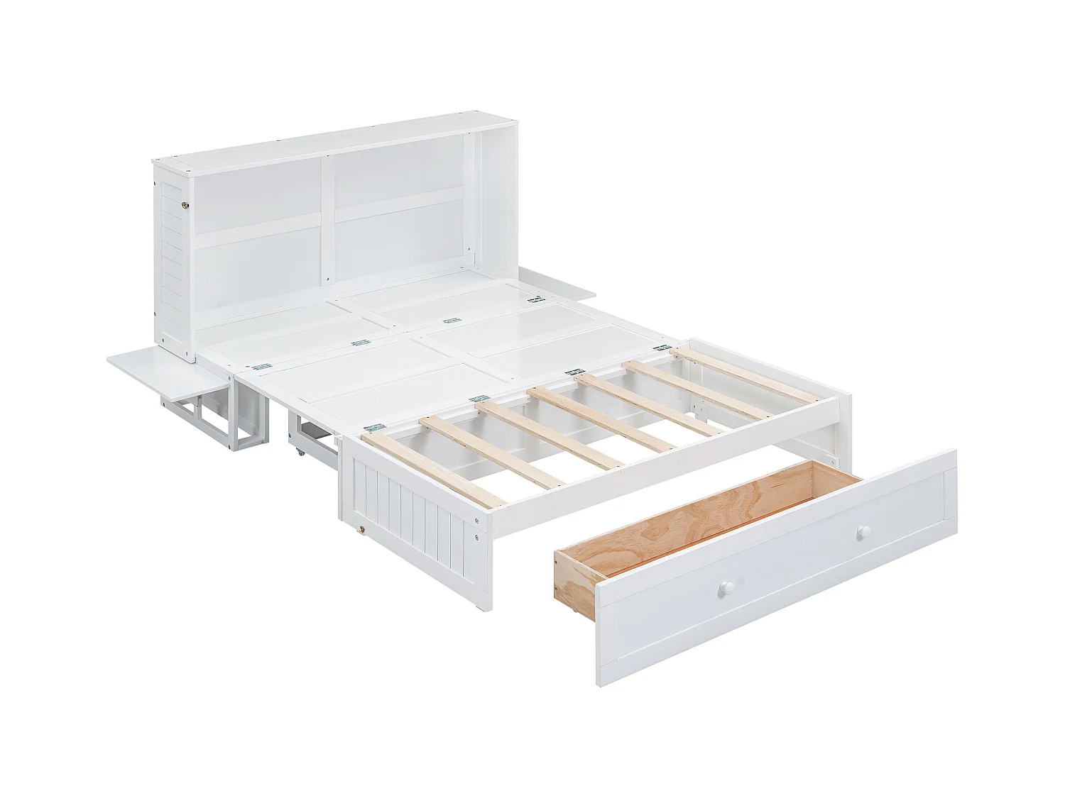 Lit adulte 140x200cm transformable en armoir, avec tiroir et étagères de rangement, cadre en pin, sans matelas, blanc
