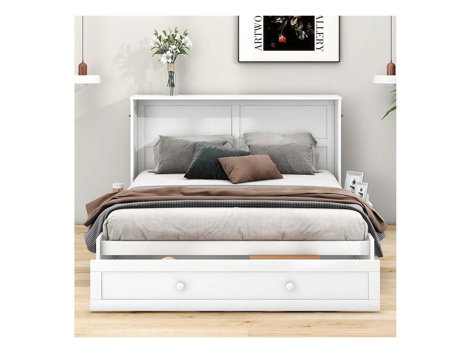 Lit adulte 140x200cm transformable en armoir, avec tiroir et étagères de rangement, cadre en pin, sans matelas, blanc
