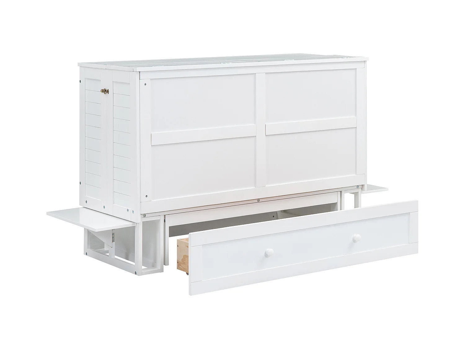 Lit adulte 140x200cm transformable en armoir, avec tiroir et étagères de rangement, cadre en pin, sans matelas, blanc