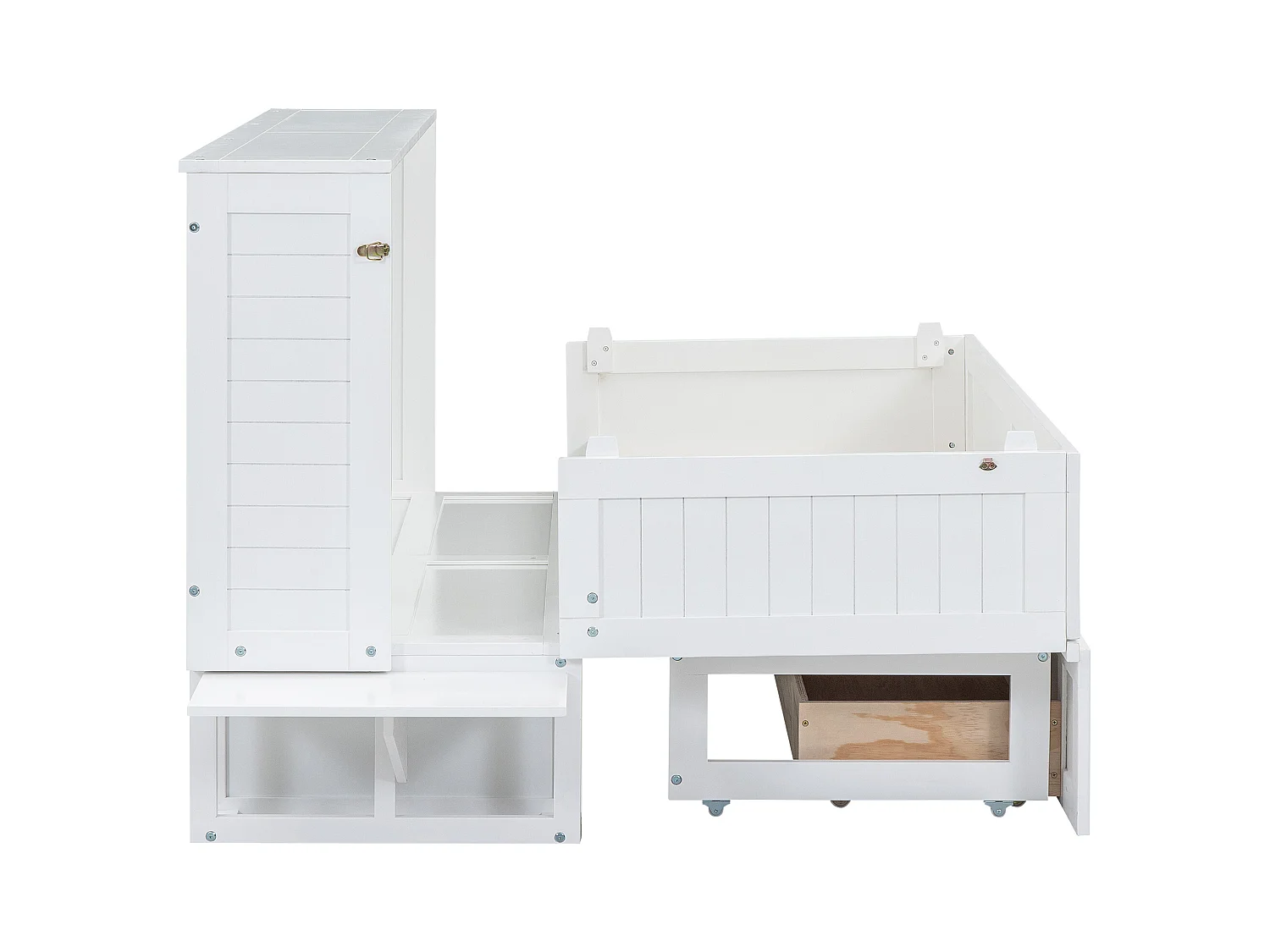 Lit adulte 140x200cm transformable en armoir, avec tiroir et étagères de rangement, cadre en pin, sans matelas, blanc