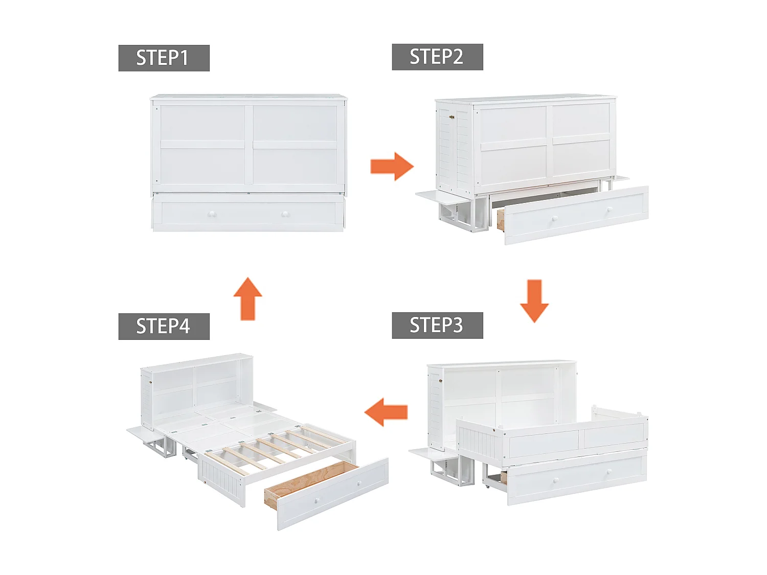 Lit adulte 140x200cm transformable en armoir, avec tiroir et étagères de rangement, cadre en pin, sans matelas, blanc
