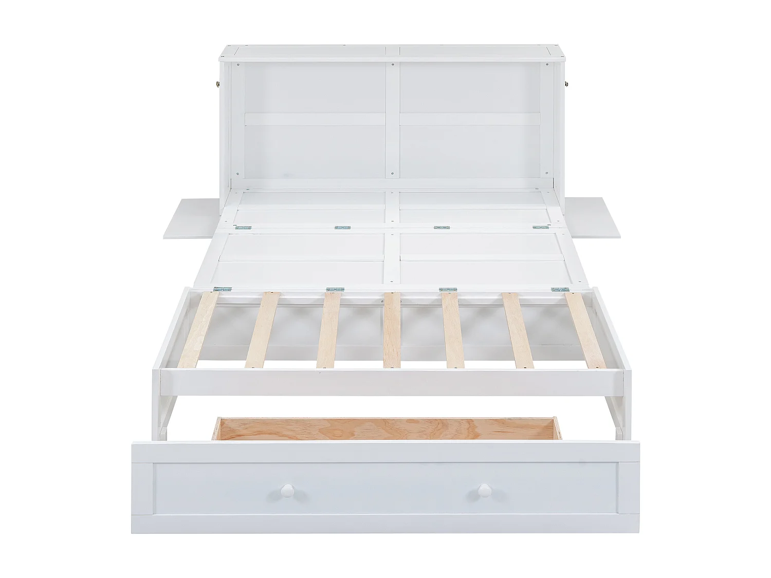 Lit adulte 140x200cm transformable en armoir, avec tiroir et étagères de rangement, cadre en pin, sans matelas, blanc