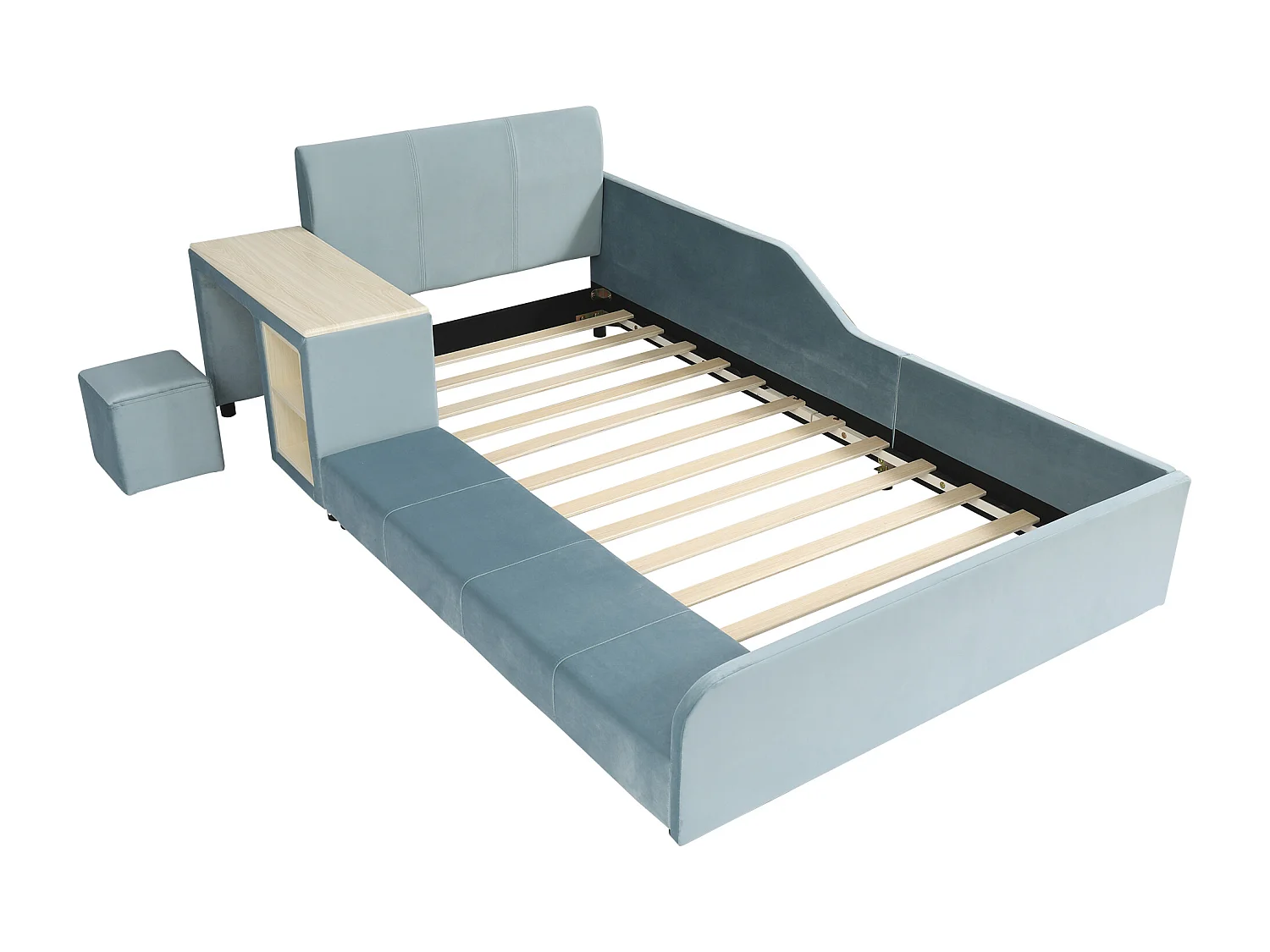 Lit enfant 90x200cm avec bureau et tabouret, tissu en velours bleu, sommier à lattes, sans matelas