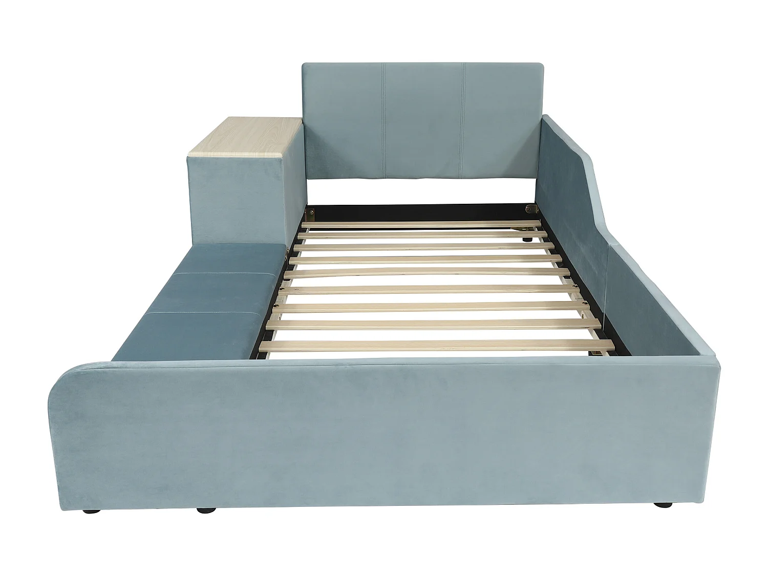 Lit enfant 90x200cm avec bureau et tabouret, tissu en velours bleu, sommier à lattes, sans matelas