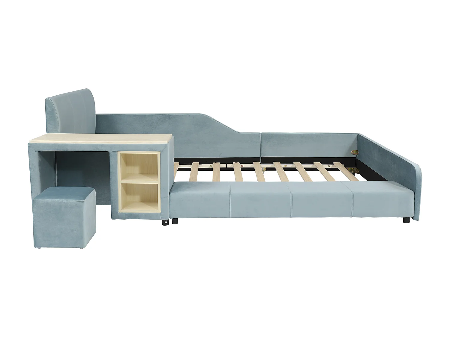 Lit enfant 90x200cm avec bureau et tabouret, tissu en velours bleu, sommier à lattes, sans matelas