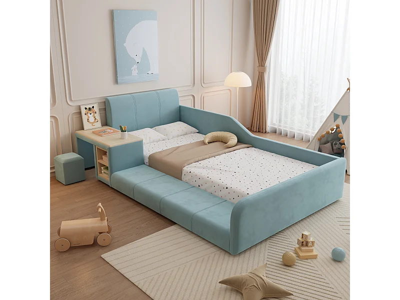 Lit enfant 90x200cm avec bureau et tabouret, tissu en velours bleu, sommier à lattes, sans matelas