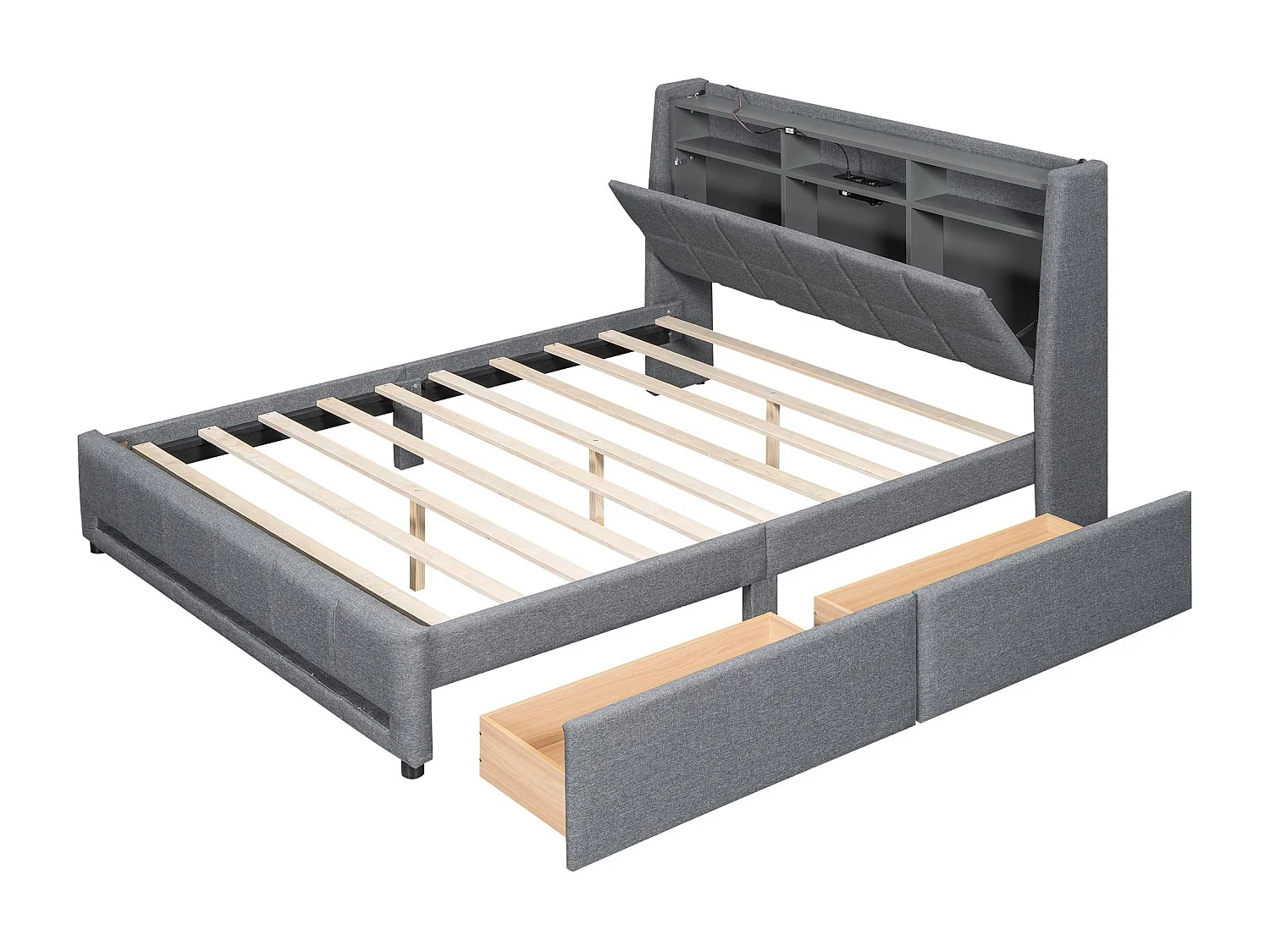 Lit adulte 160 x 200 cm, lit double capitonné avec 2 tiroirs, prises et USB, éclairage LED, sans matelas, lin, gris