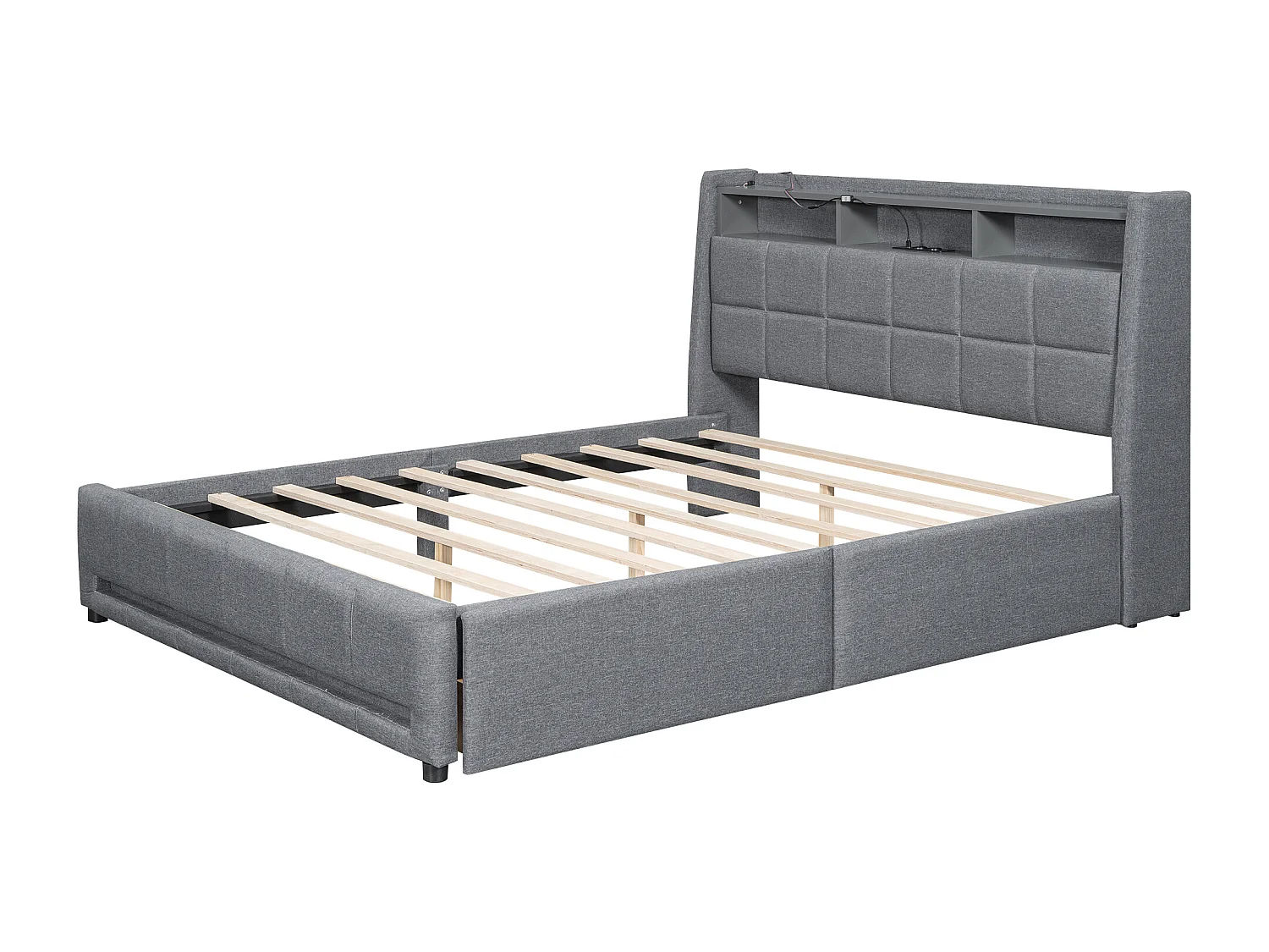 Lit adulte 160 x 200 cm, lit double capitonné avec 2 tiroirs, prises et USB, éclairage LED, sans matelas, lin, gris