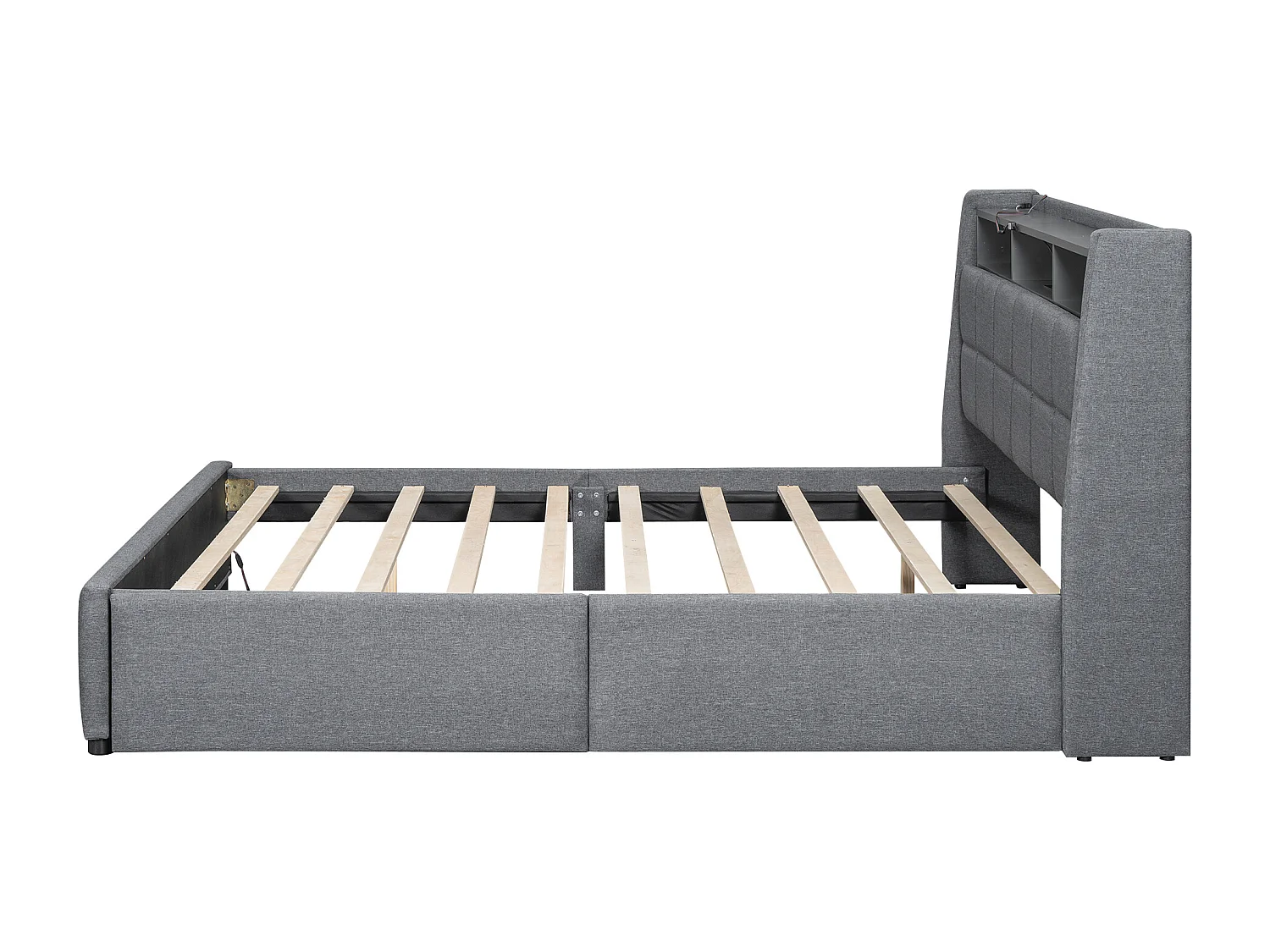 Lit adulte 160 x 200 cm, lit double capitonné avec 2 tiroirs, prises et USB, éclairage LED, sans matelas, lin, gris
