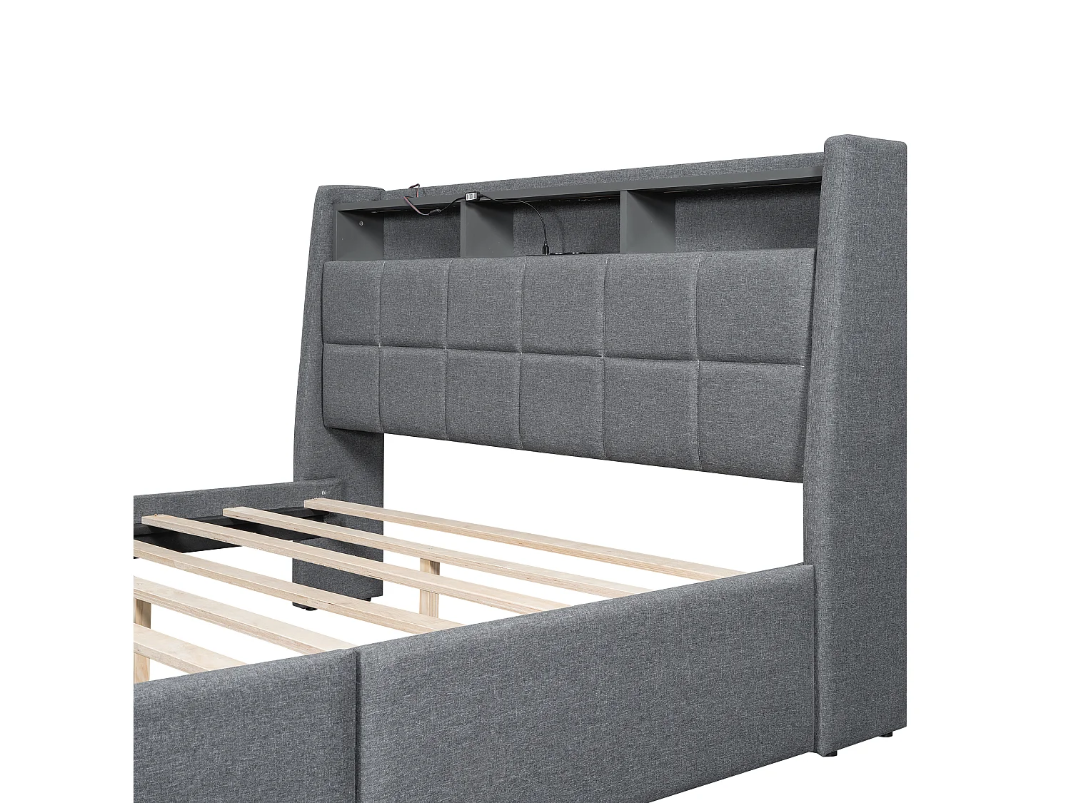 Lit adulte 160 x 200 cm, lit double capitonné avec 2 tiroirs, prises et USB, éclairage LED, sans matelas, lin, gris