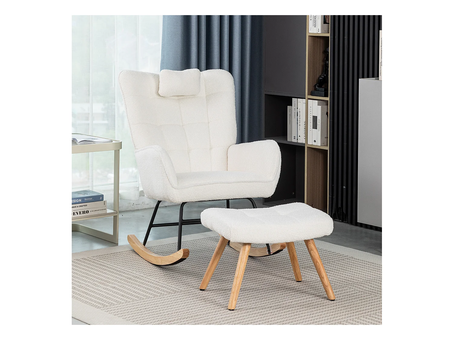 Fauteuil à bascule capitonné, rocking chair avec Appuie-tête et tabouret, cadre en métal et pieds en bois, tissu en Teddy blanc