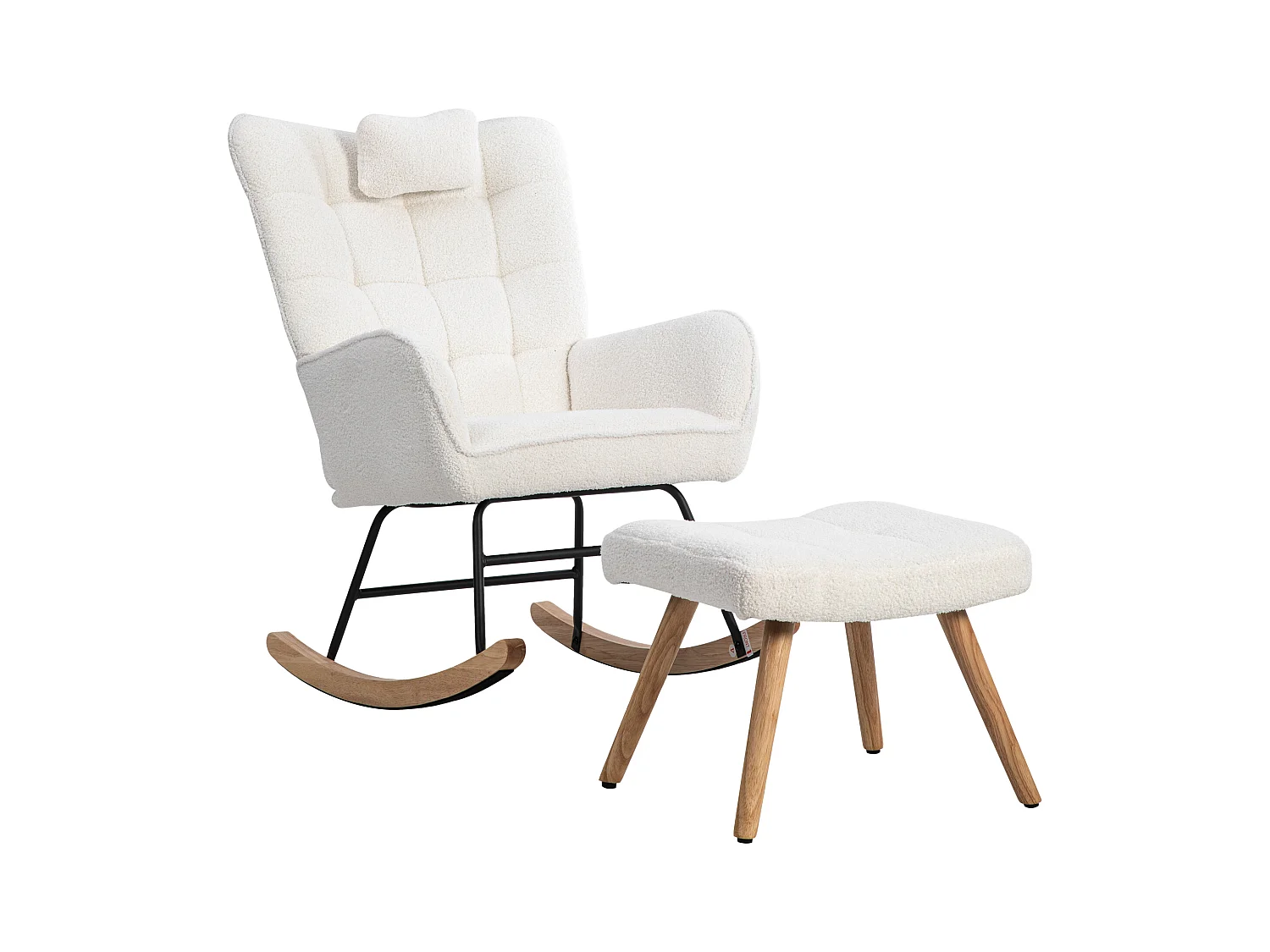 Fauteuil à bascule capitonné, rocking chair avec Appuie-tête et tabouret, cadre en métal et pieds en bois, tissu en Teddy blanc