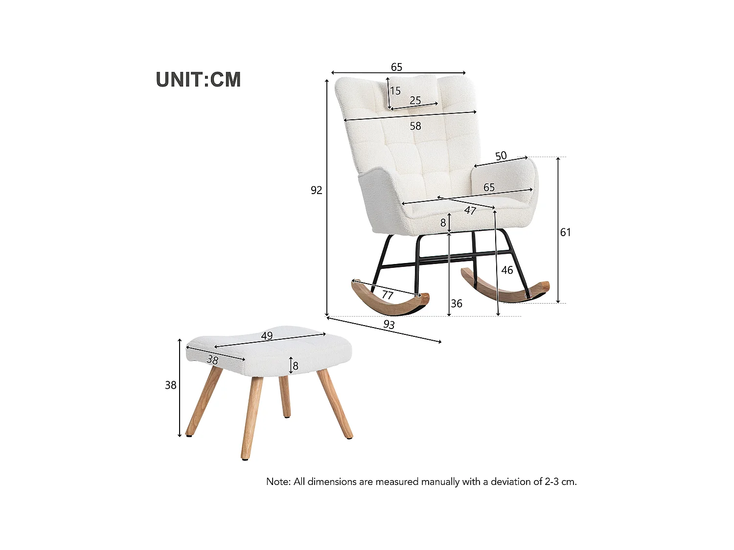 Fauteuil à bascule capitonné, rocking chair avec Appuie-tête et tabouret, cadre en métal et pieds en bois, tissu en Teddy blanc