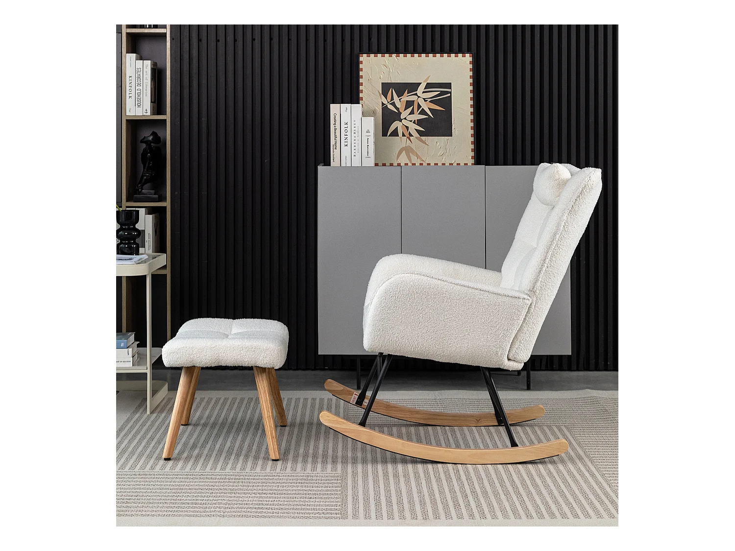 Fauteuil à bascule capitonné, rocking chair avec Appuie-tête et tabouret, cadre en métal et pieds en bois, tissu en Teddy blanc