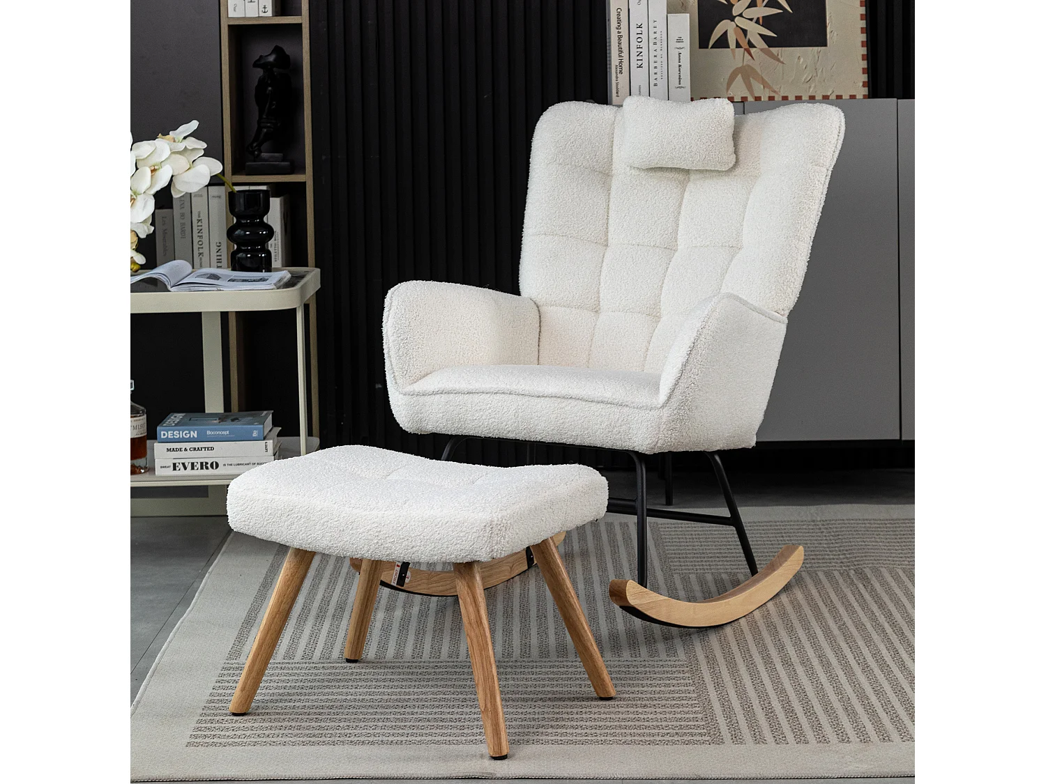 Fauteuil à bascule capitonné, rocking chair avec Appuie-tête et tabouret, cadre en métal et pieds en bois, tissu en Teddy blanc