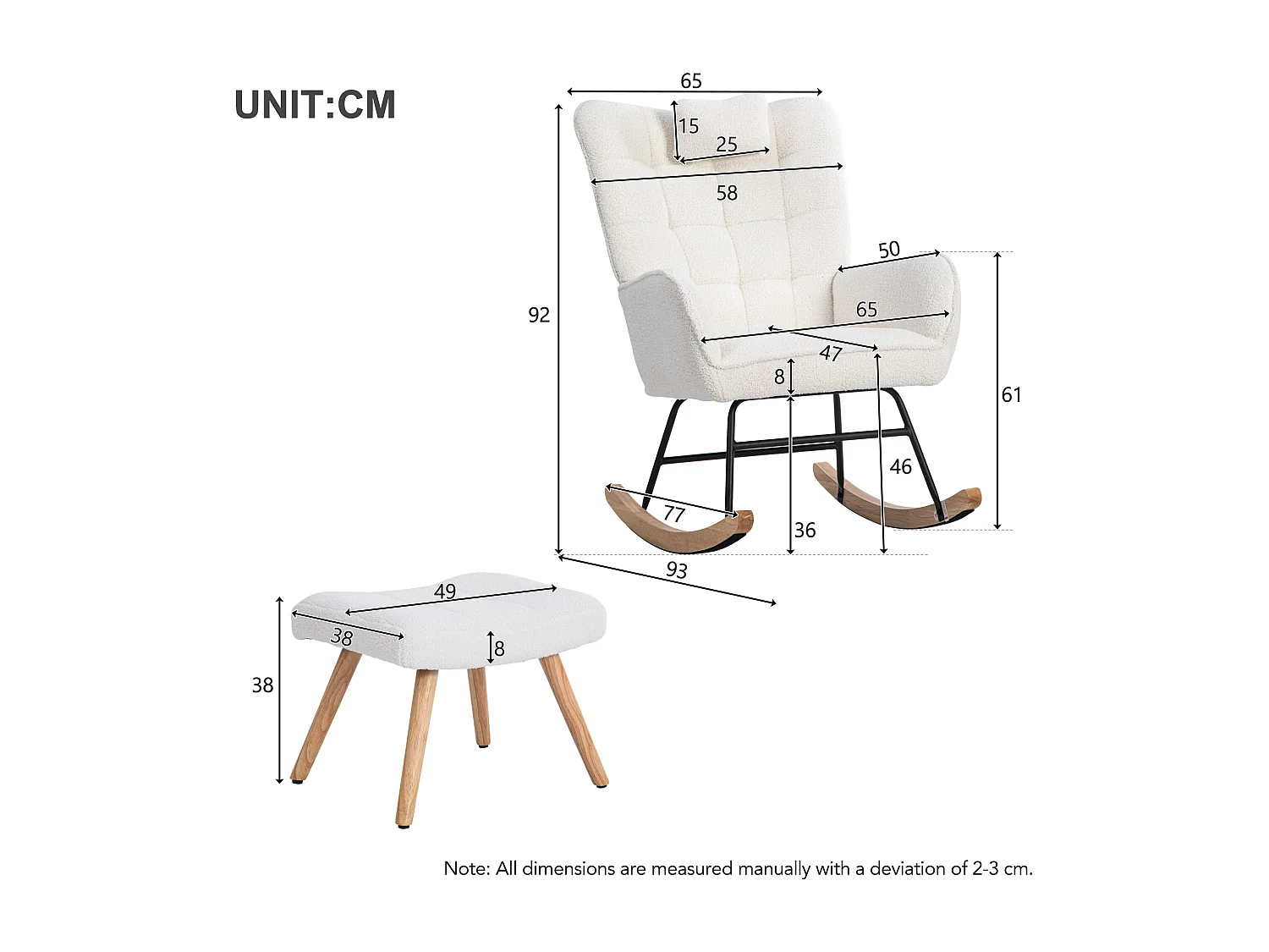 Fauteuil à bascule capitonné, rocking chair avec Appuie-tête et tabouret, cadre en métal et pieds en bois, tissu en Teddy blanc