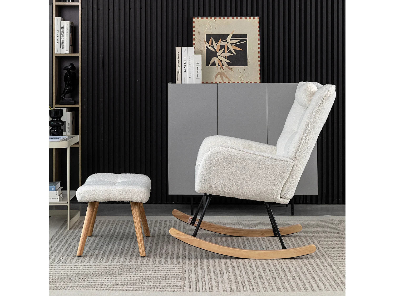 Fauteuil à bascule capitonné, rocking chair avec Appuie-tête et tabouret, cadre en métal et pieds en bois, tissu en Teddy blanc