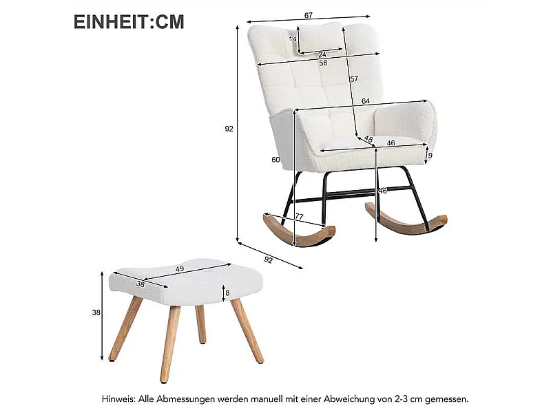 Gestoffeerde schommelstoel met hoofdsteun en kruk, metalen frame en houten poten, witte teddystof