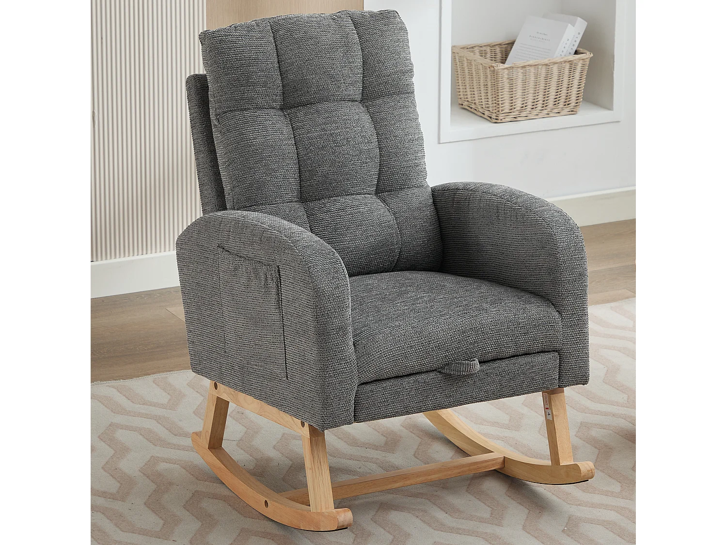 Fauteuil à bascule rembourré, rocking chair avec repose-pieds rétractable, cadre en bois, tissu en Teddy Gris