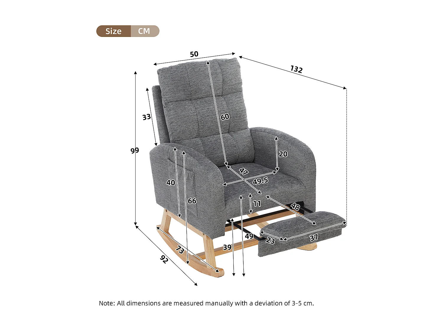 Fauteuil à bascule rembourré, rocking chair avec repose-pieds rétractable, cadre en bois, tissu en Teddy Gris