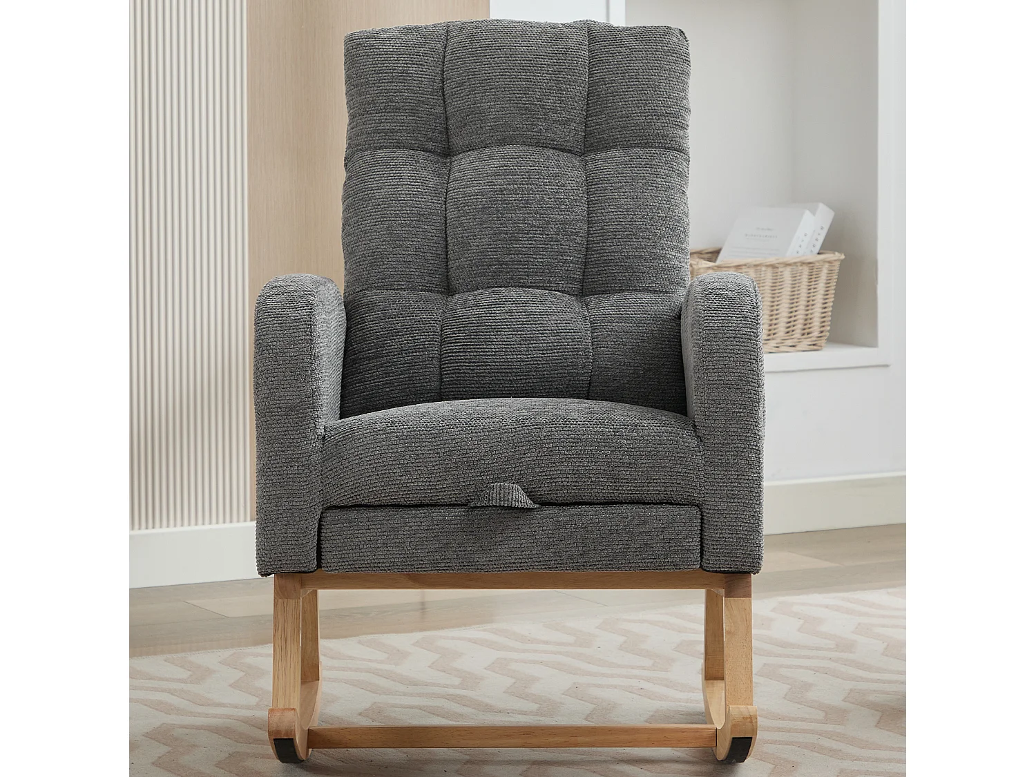 Fauteuil à bascule rembourré, rocking chair avec repose-pieds rétractable, cadre en bois, tissu en Teddy Gris