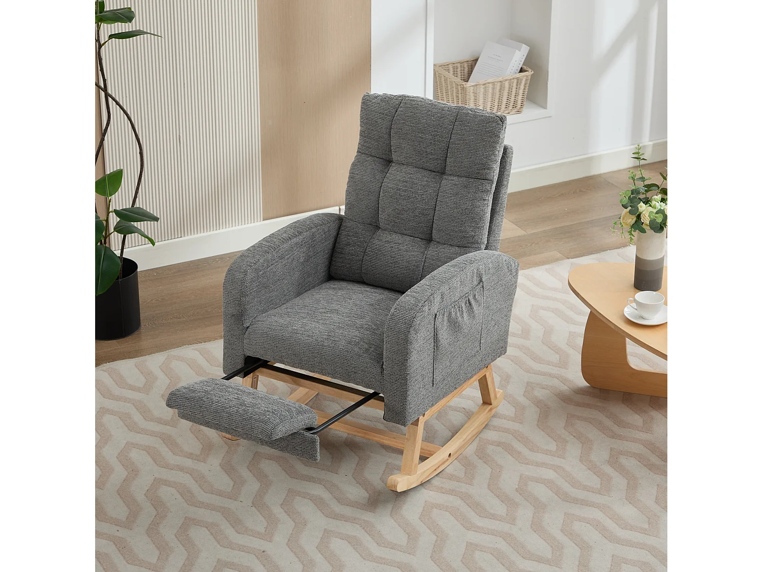 Fauteuil à bascule rembourré, rocking chair avec repose-pieds rétractable, cadre en bois, tissu en Teddy Gris