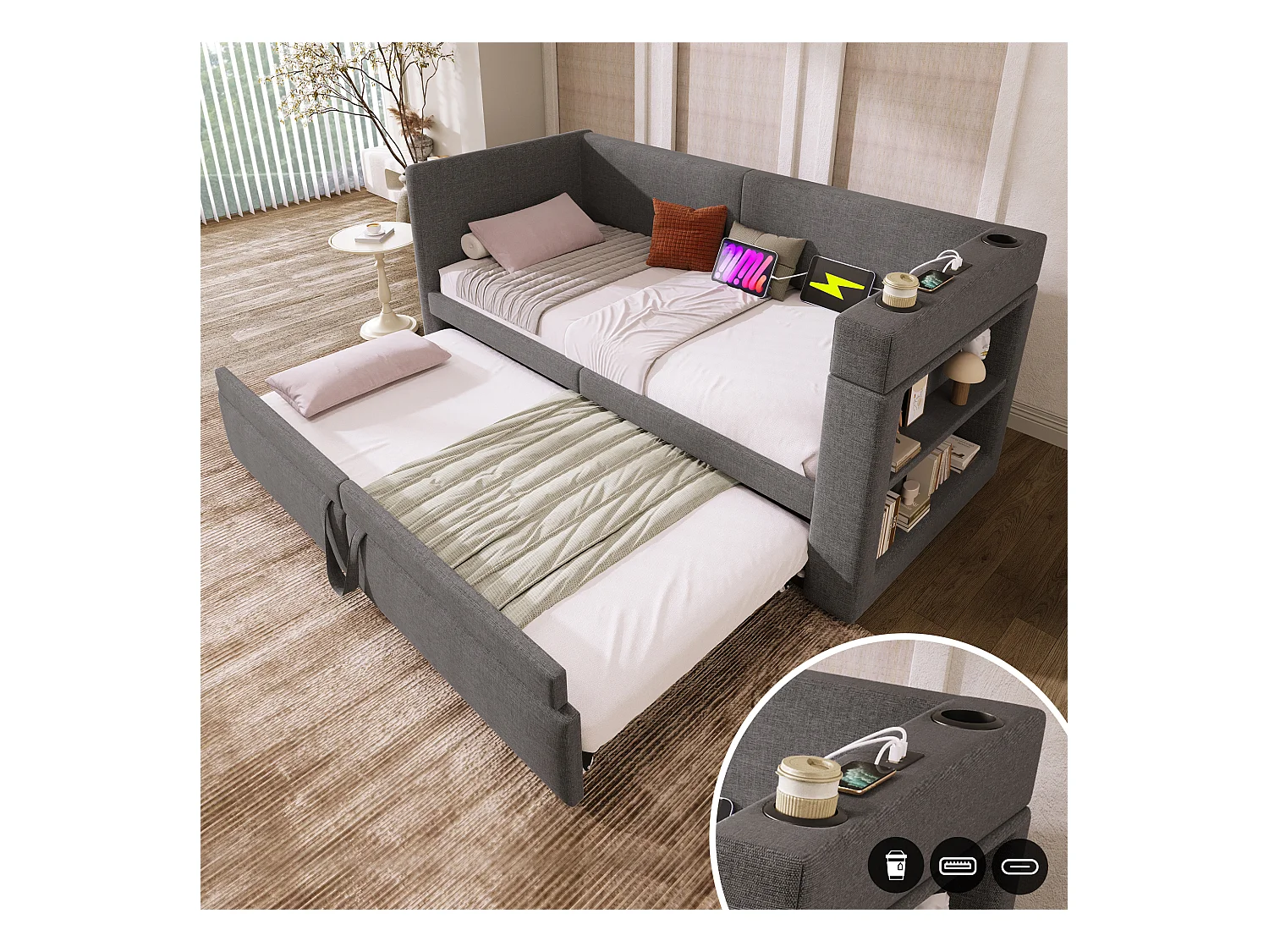 Sofá-cama infantil conversível 90/180x200cm, tecido de linho algodão cinza, portas USB e Tipo-C incluídas, sem colchão